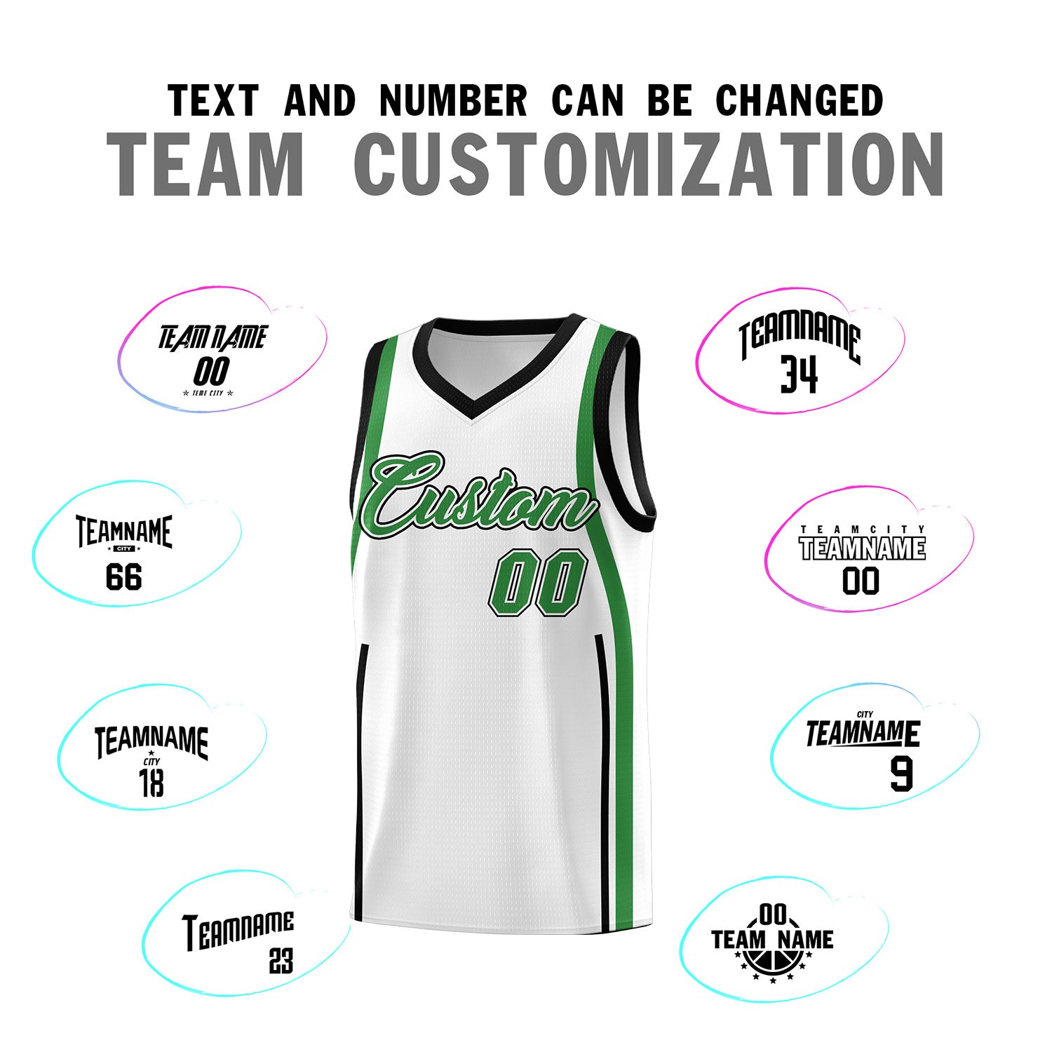 Custom White Kelly Green-White Ribbon Pattern Basketball Kits