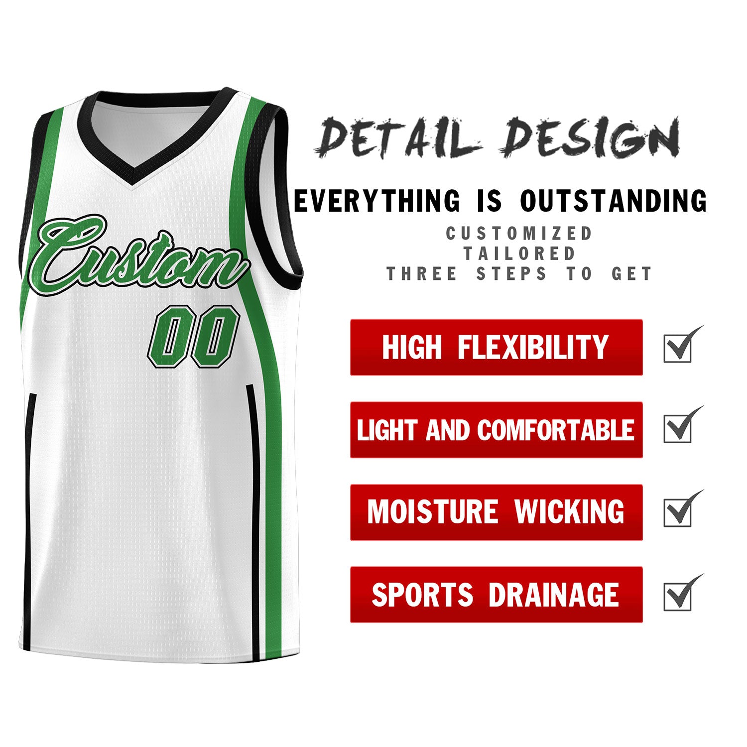 Custom White Kelly Green-White Ribbon Pattern Basketball Kits