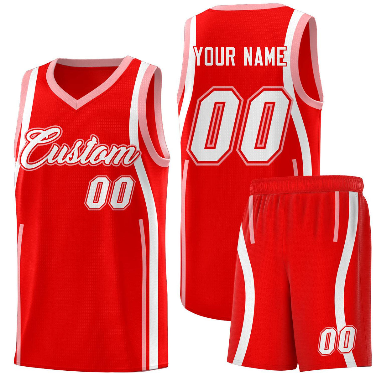 Custom Light Red Light Pink-White Ribbon Pattern Basketball Kits