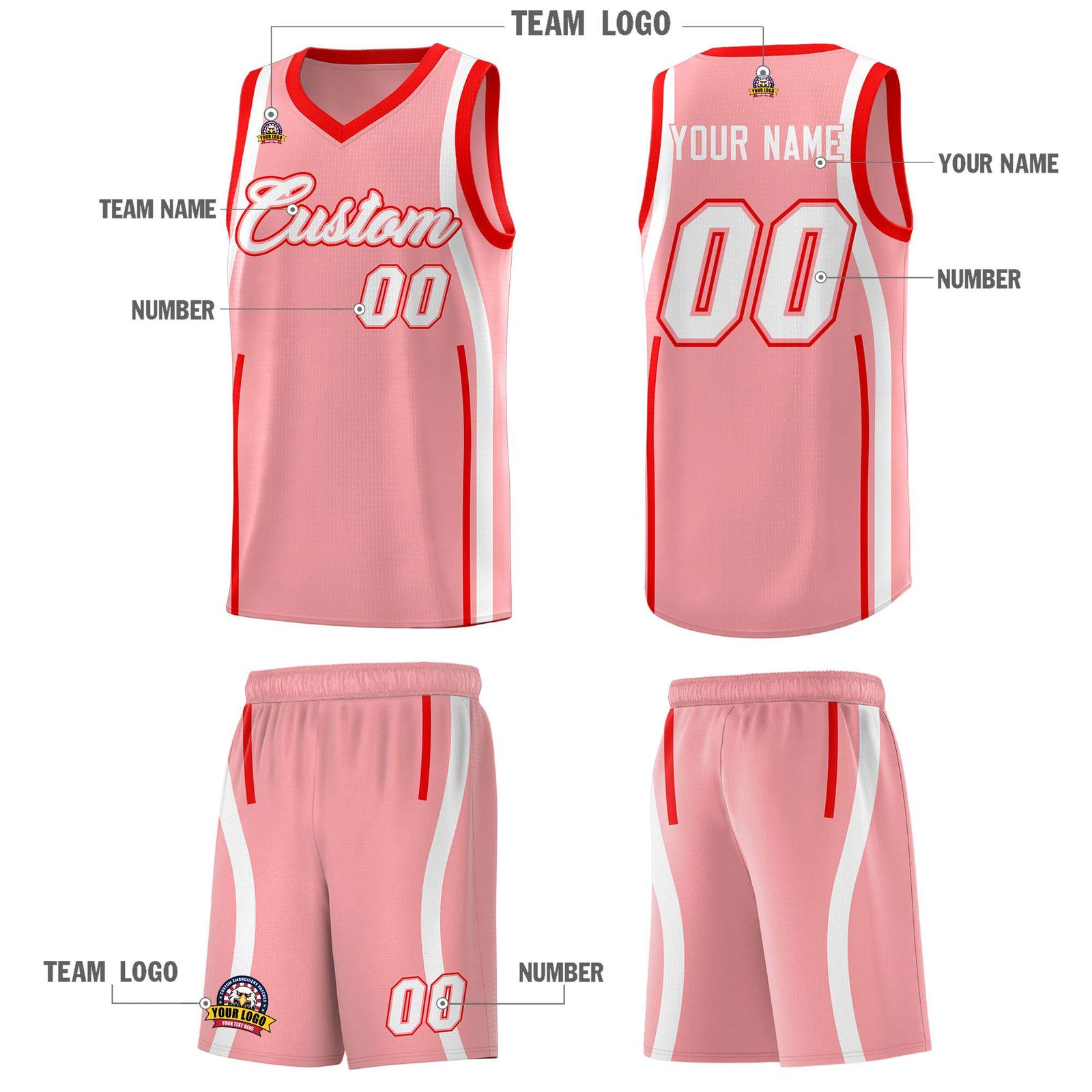 Custom Light Pink Light Red-White Ribbon Pattern Basketball Kits