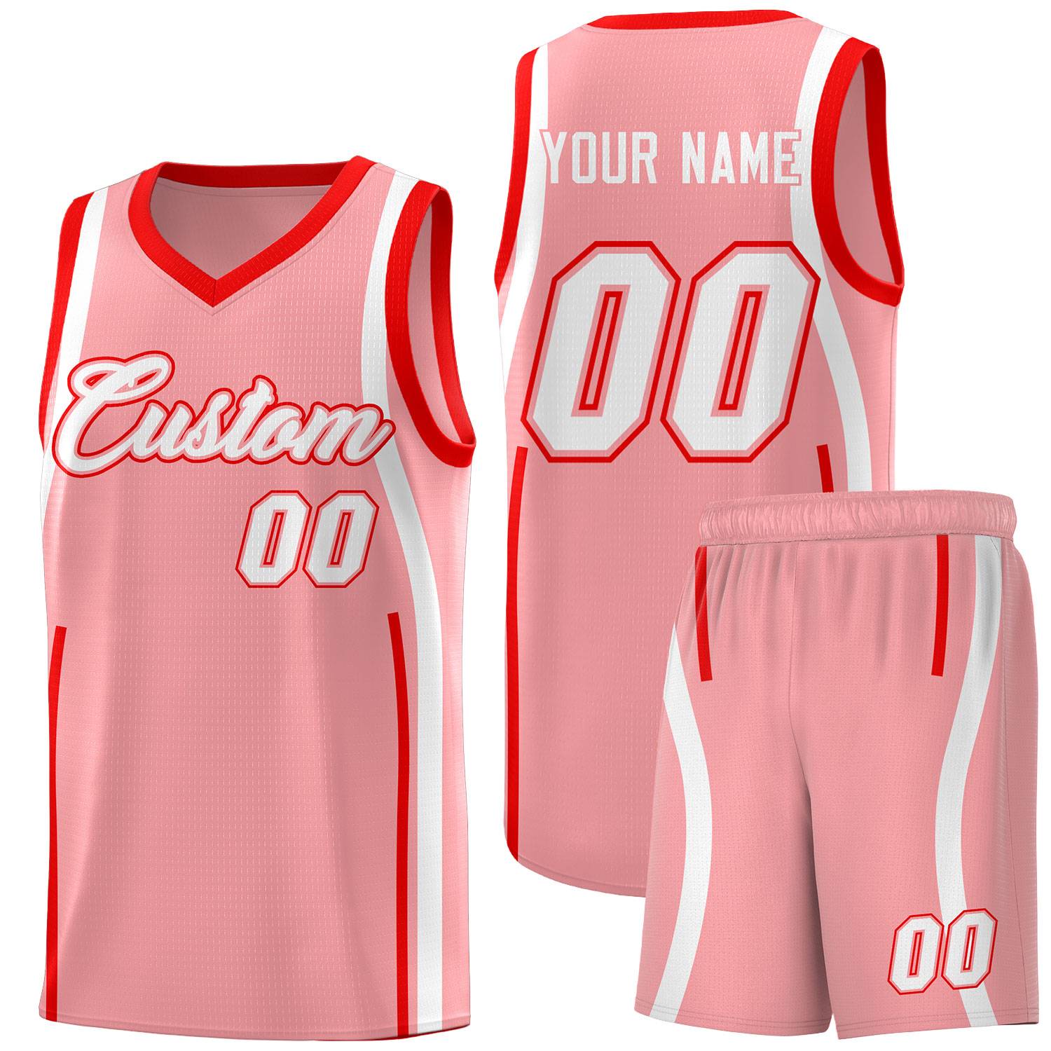 Custom Light Pink Light Red-White Ribbon Pattern Basketball Kits