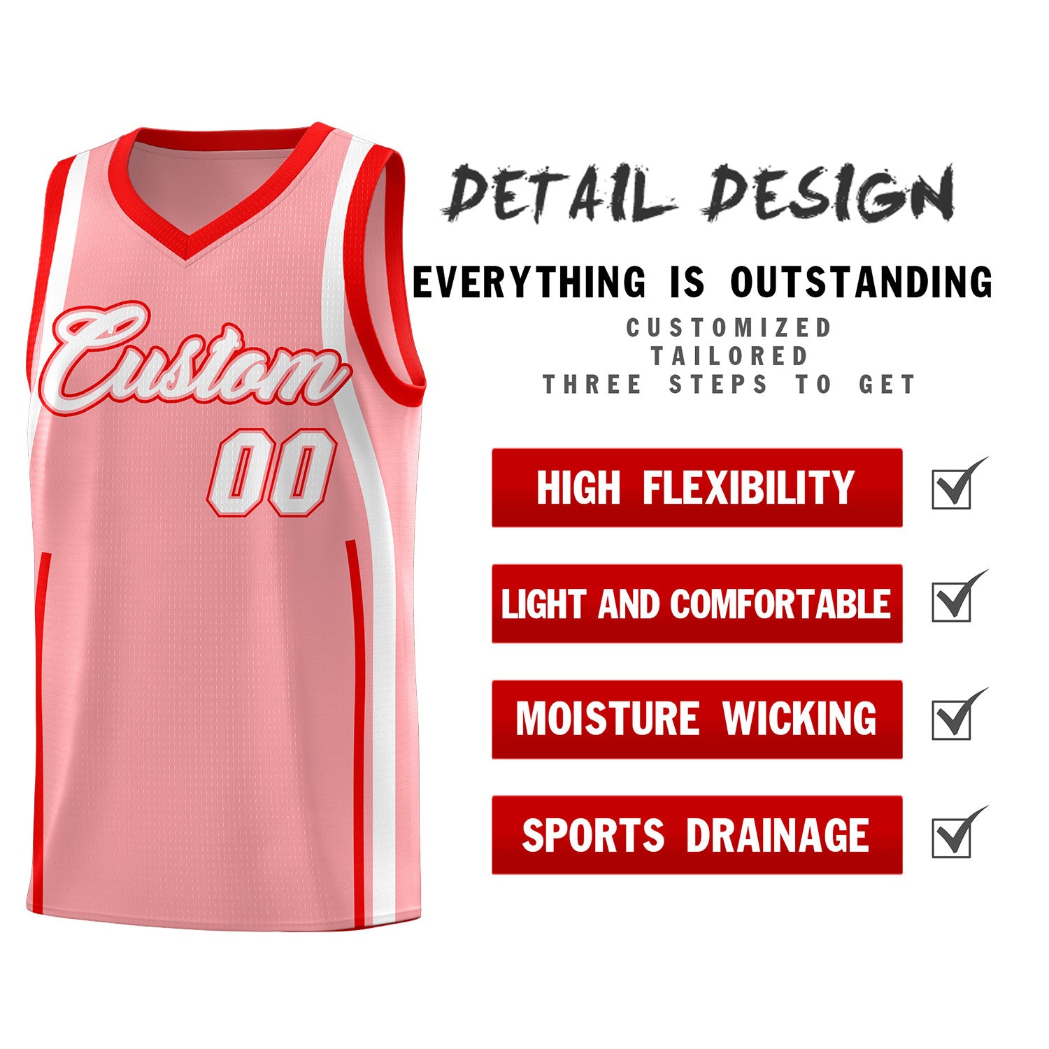 Custom Light Pink Light Red-White Ribbon Pattern Basketball Kits