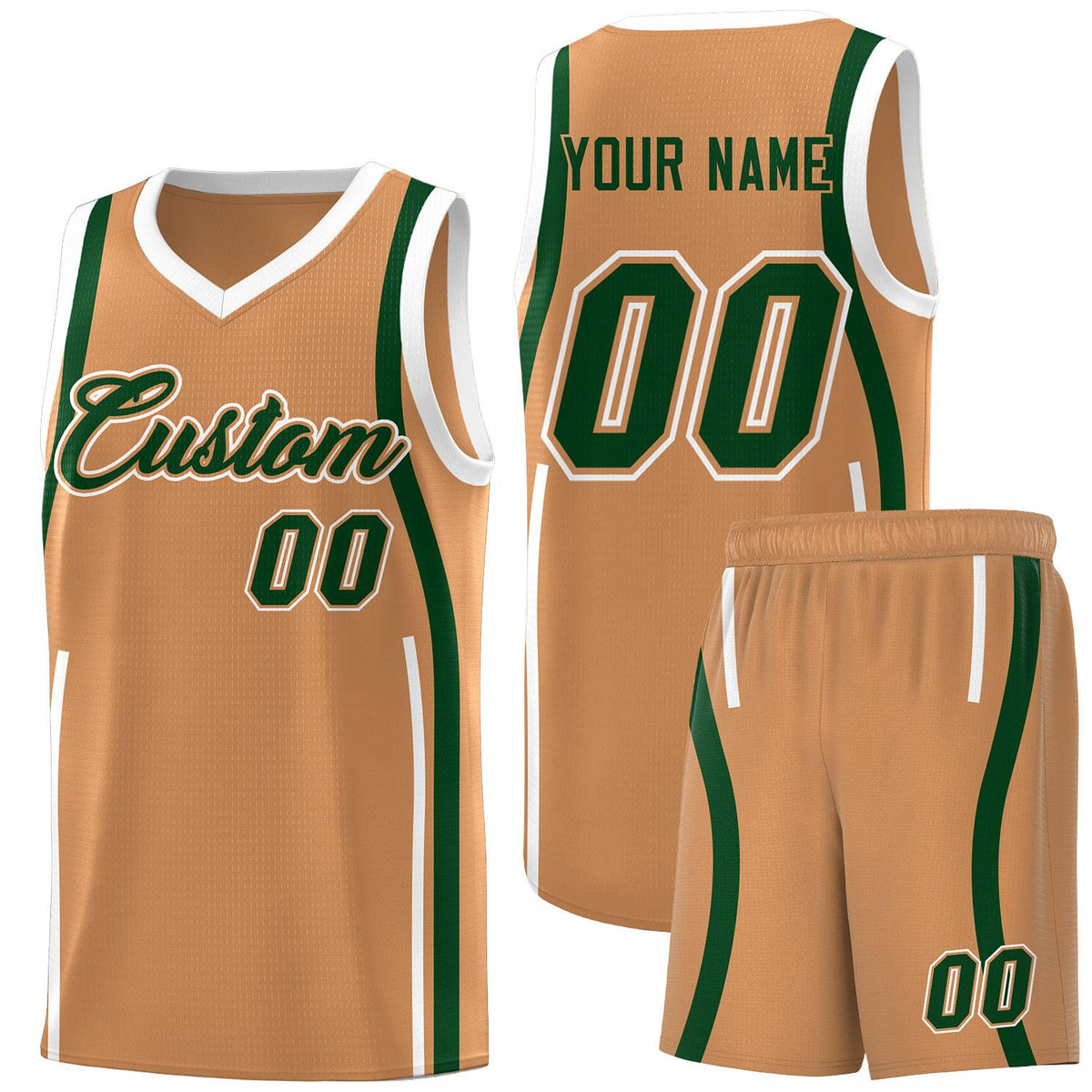Custom Buckskin Brown Green-White Ribbon Pattern Basketball Kits
