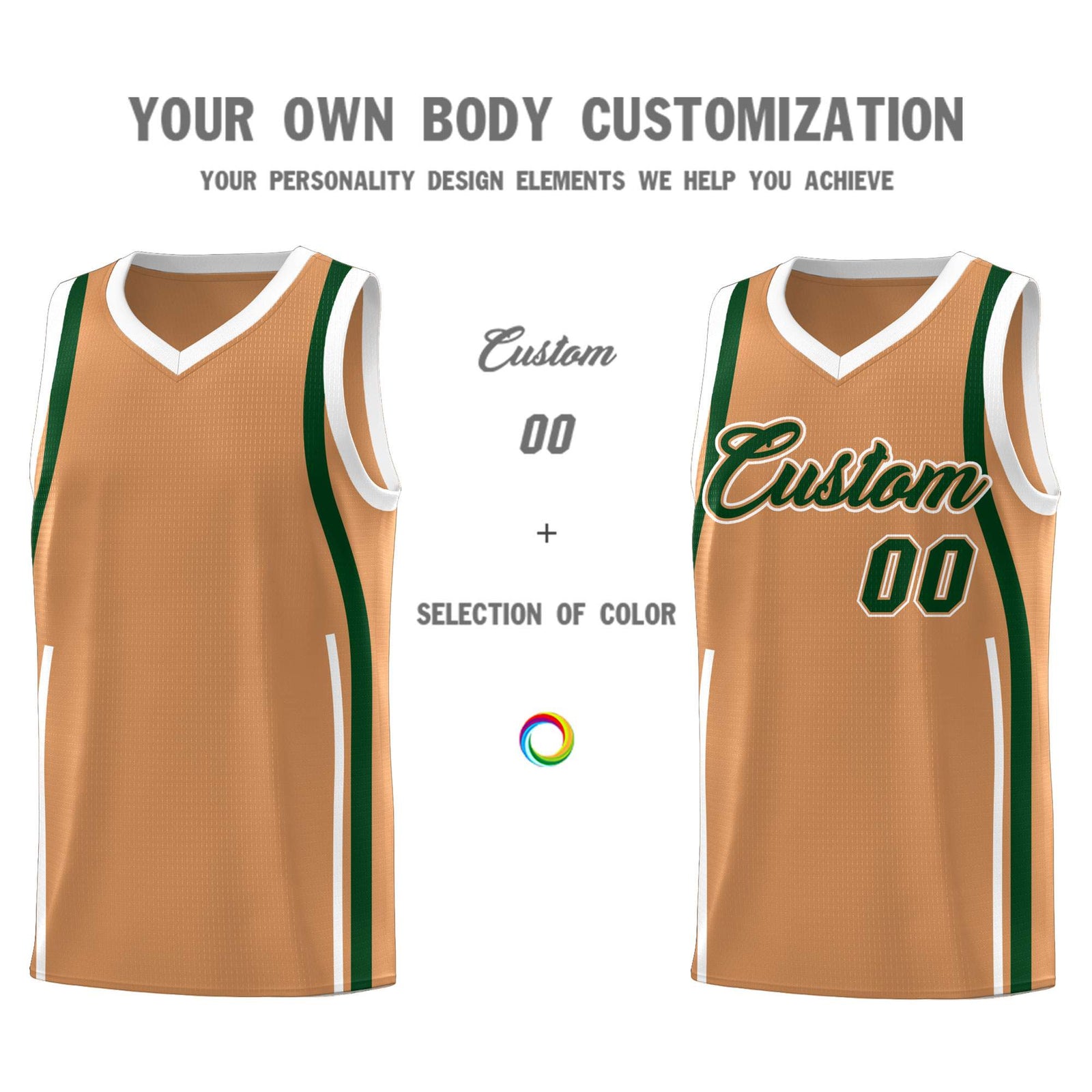 Custom Buckskin Brown Green-White Ribbon Pattern Basketball Kits