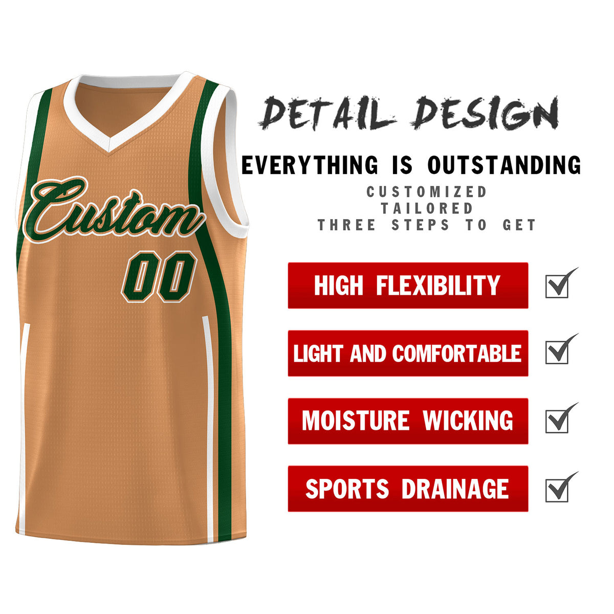 Custom Buckskin Brown Green-White Ribbon Pattern Basketball Kits