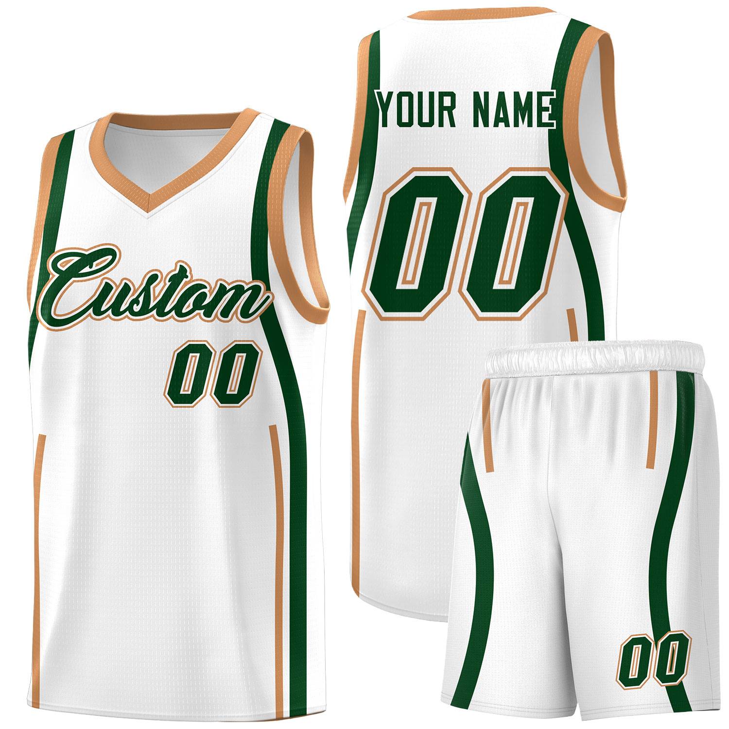 Custom White Green-Buckskin Brown Ribbon Pattern Basketball Kits