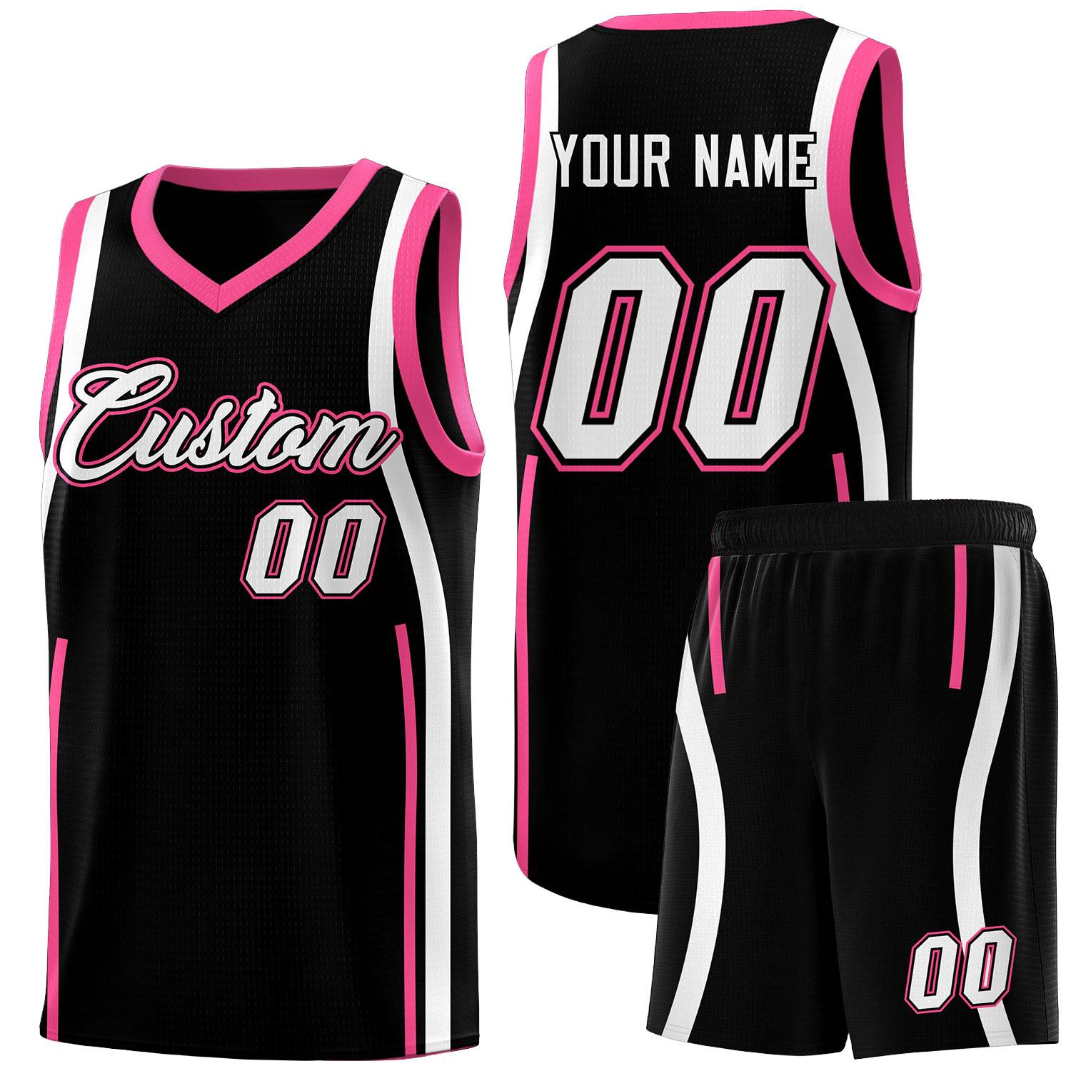 Custom Black Pink-White Ribbon Pattern Basketball Kits