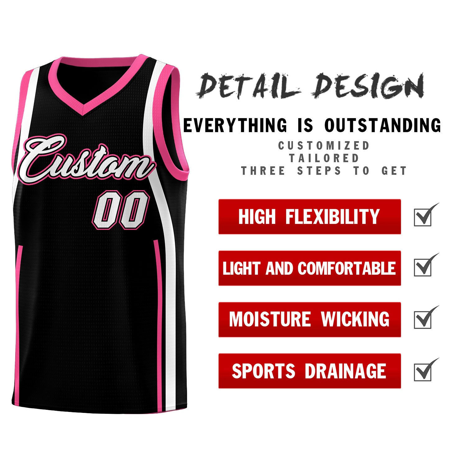 Custom Black Pink-White Ribbon Pattern Basketball Kits