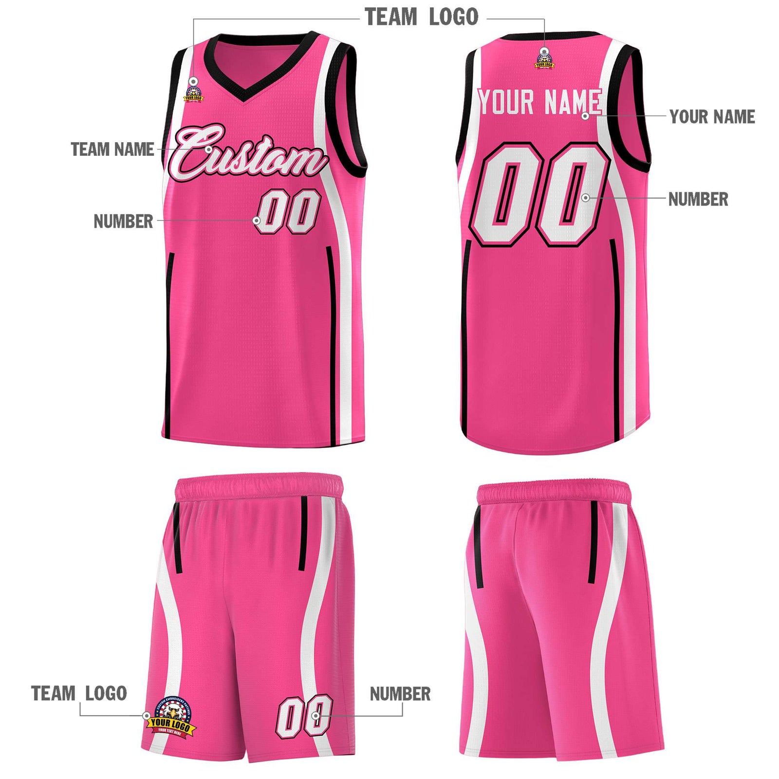 Custom Pink Black-White Ribbon Pattern Basketball Kits