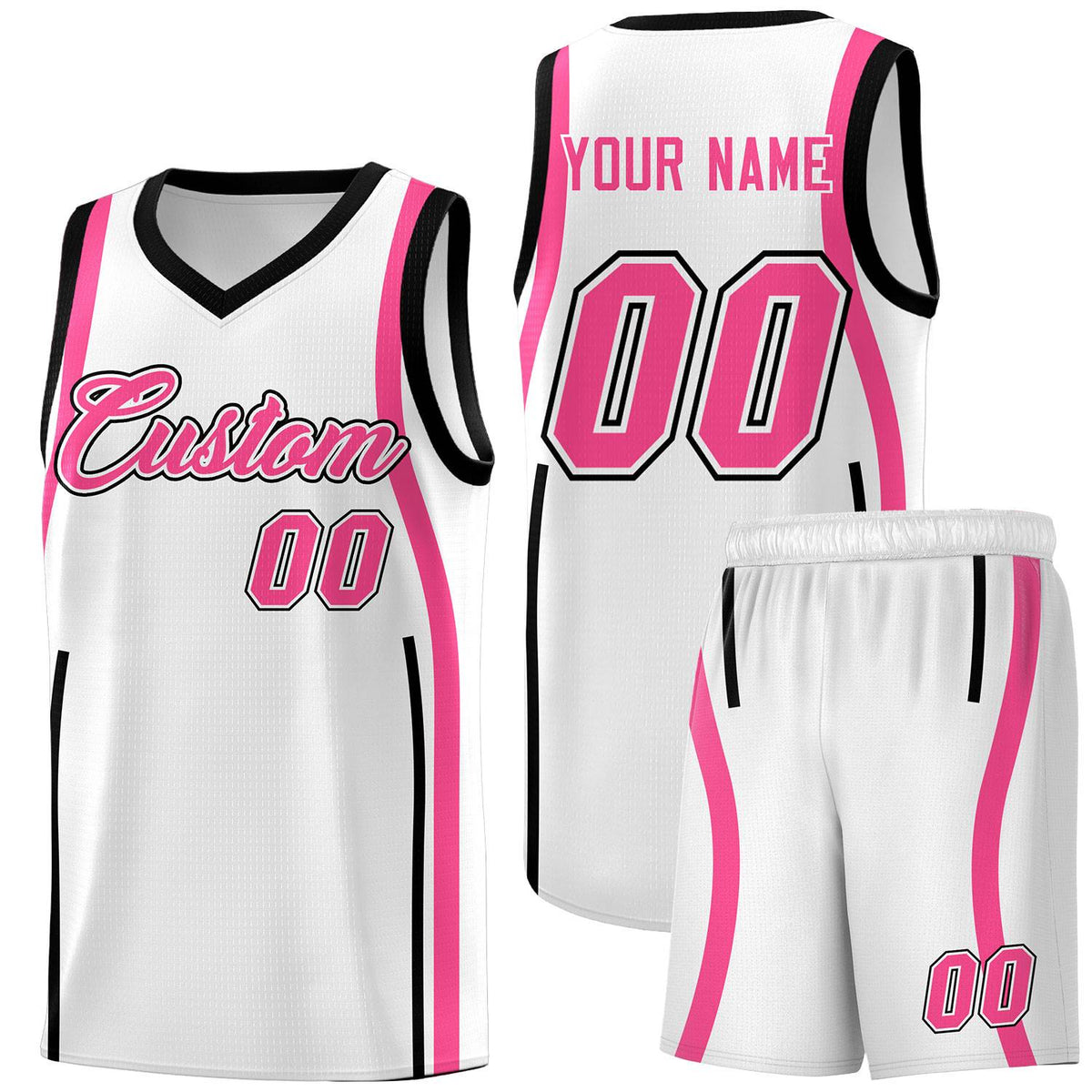 Custom White Pink-Black Ribbon Pattern Basketball Kits