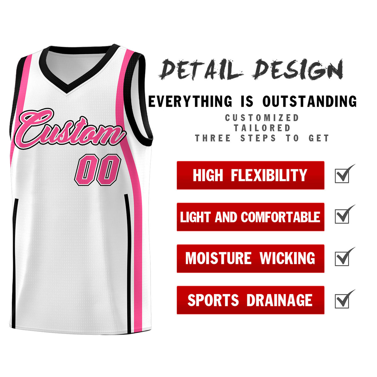 Custom White Pink-Black Ribbon Pattern Basketball Kits