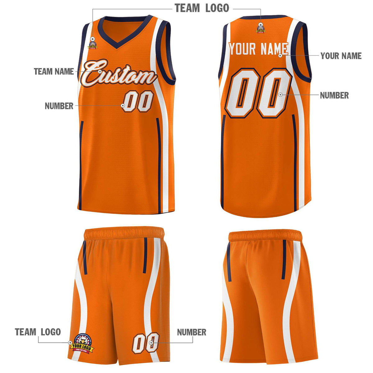 Custom Orange Navy-White Ribbon Pattern Basketball Kits