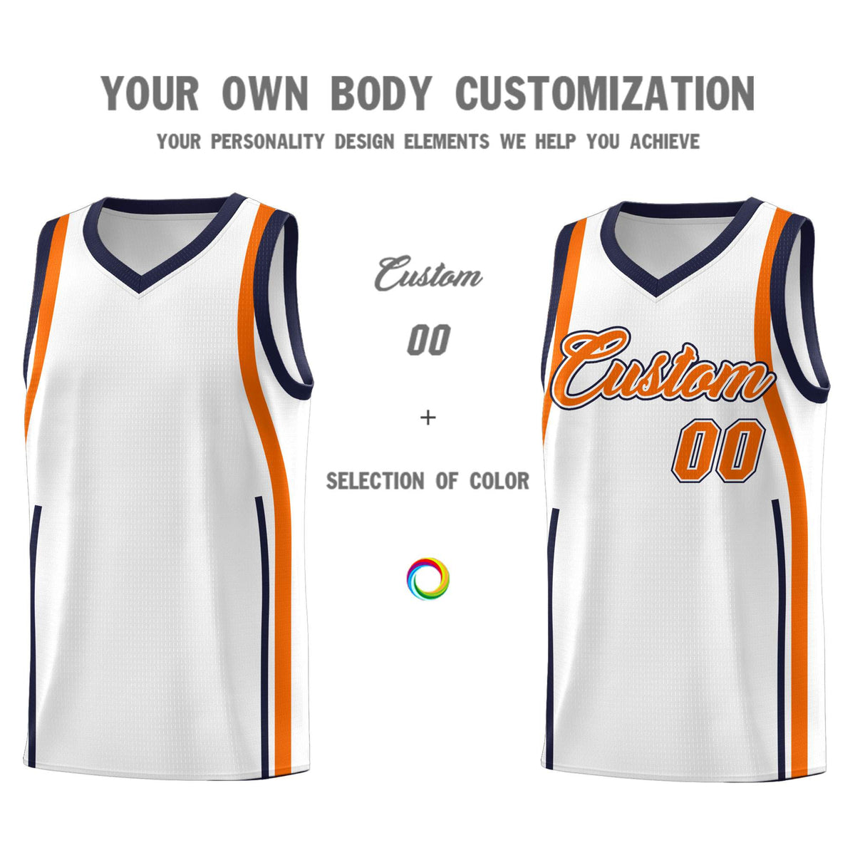 Custom White Navy-Orange Ribbon Pattern Basketball Kits