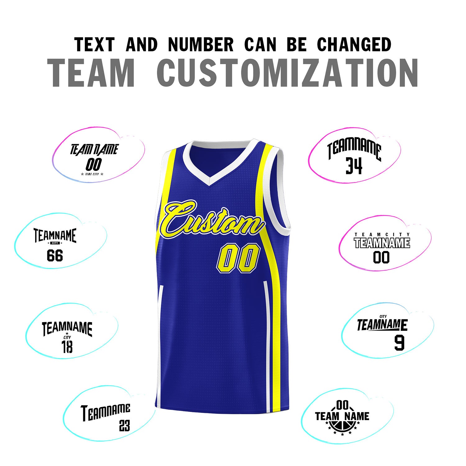Custom Royal Fluorescent Yellow-White Ribbon Pattern Basketball Kits