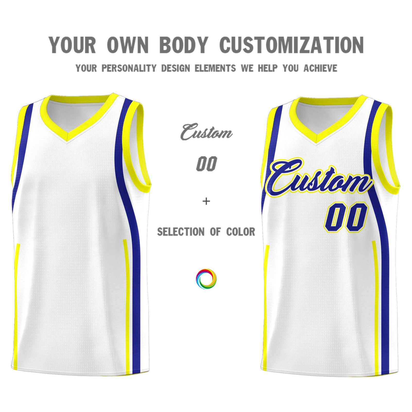 Custom White Royal-Fluorescent Yellow Ribbon Pattern Basketball Kits