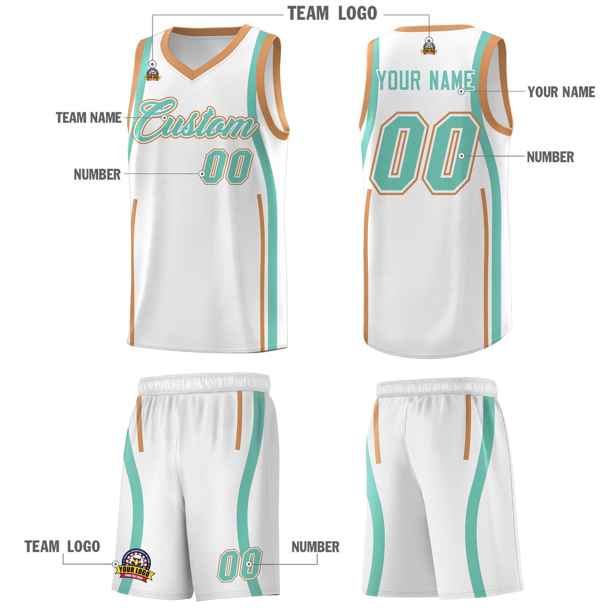 Custom White Bright Green-Buckskin Brown Ribbon Pattern Basketball Kits