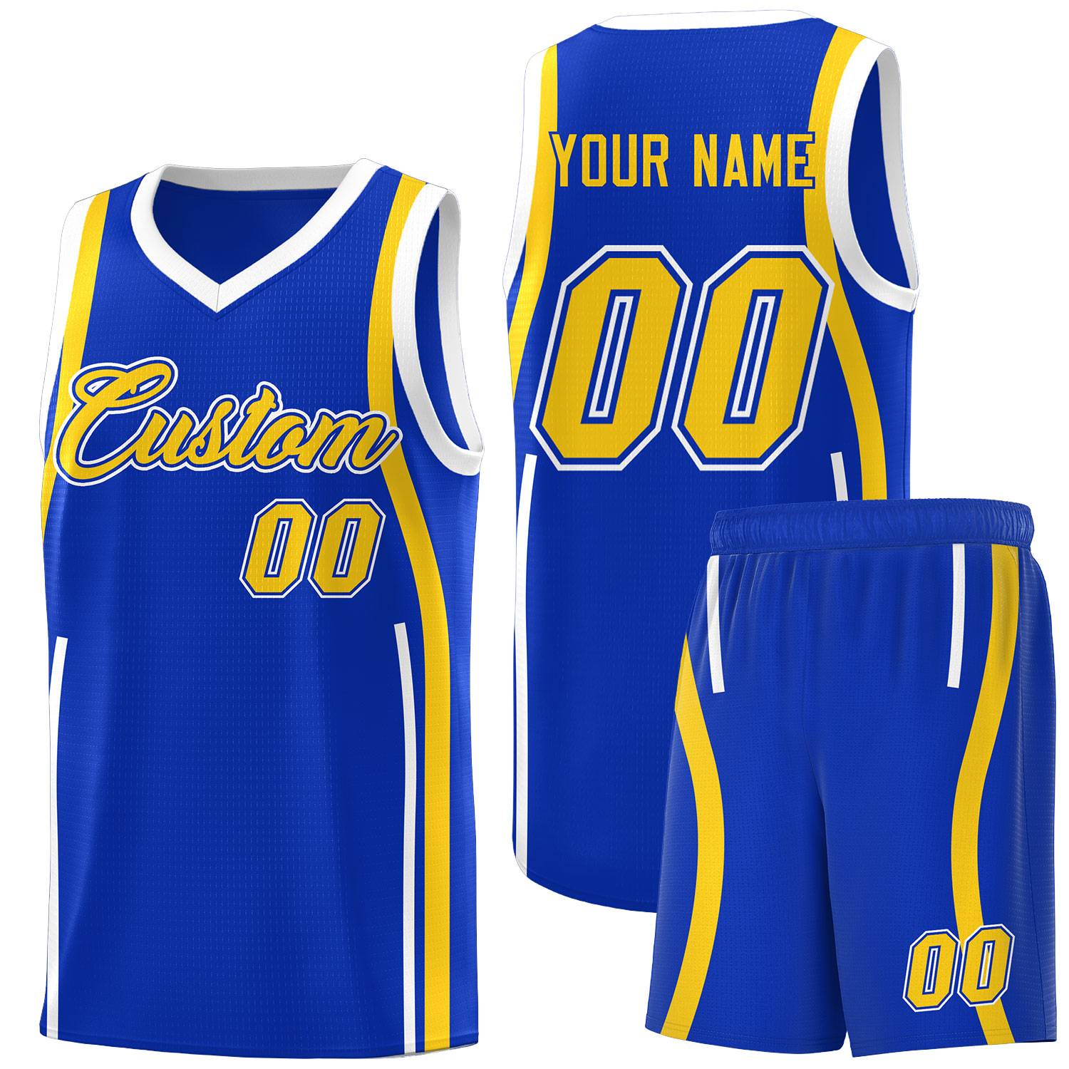 Custom Royal Gold-White Ribbon Pattern Basketball Kits