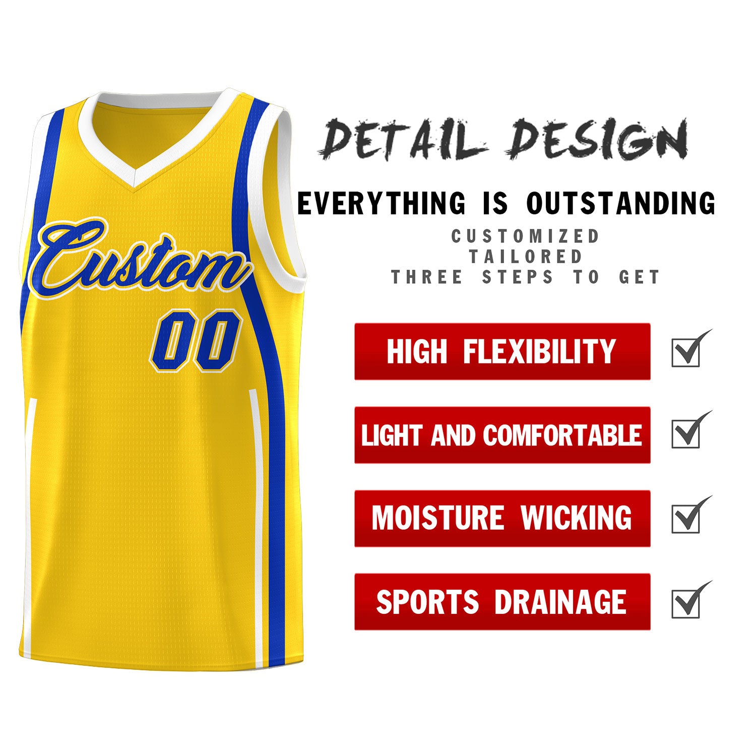 Custom Gold Royal-White Ribbon Pattern Basketball Kits