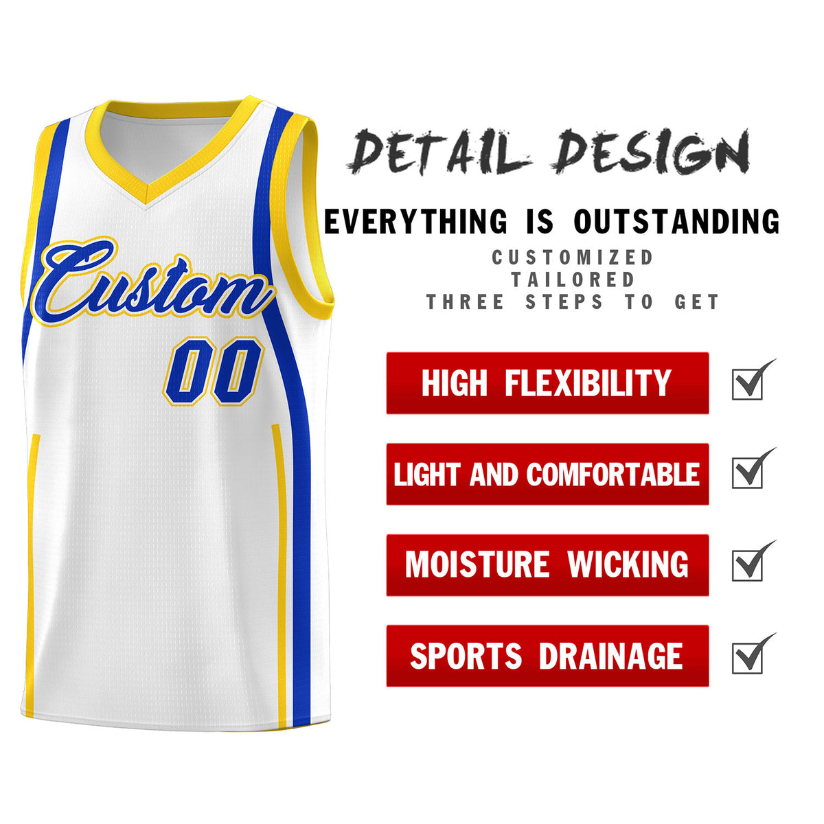 Custom White Royal-Gold Ribbon Pattern Basketball Kits