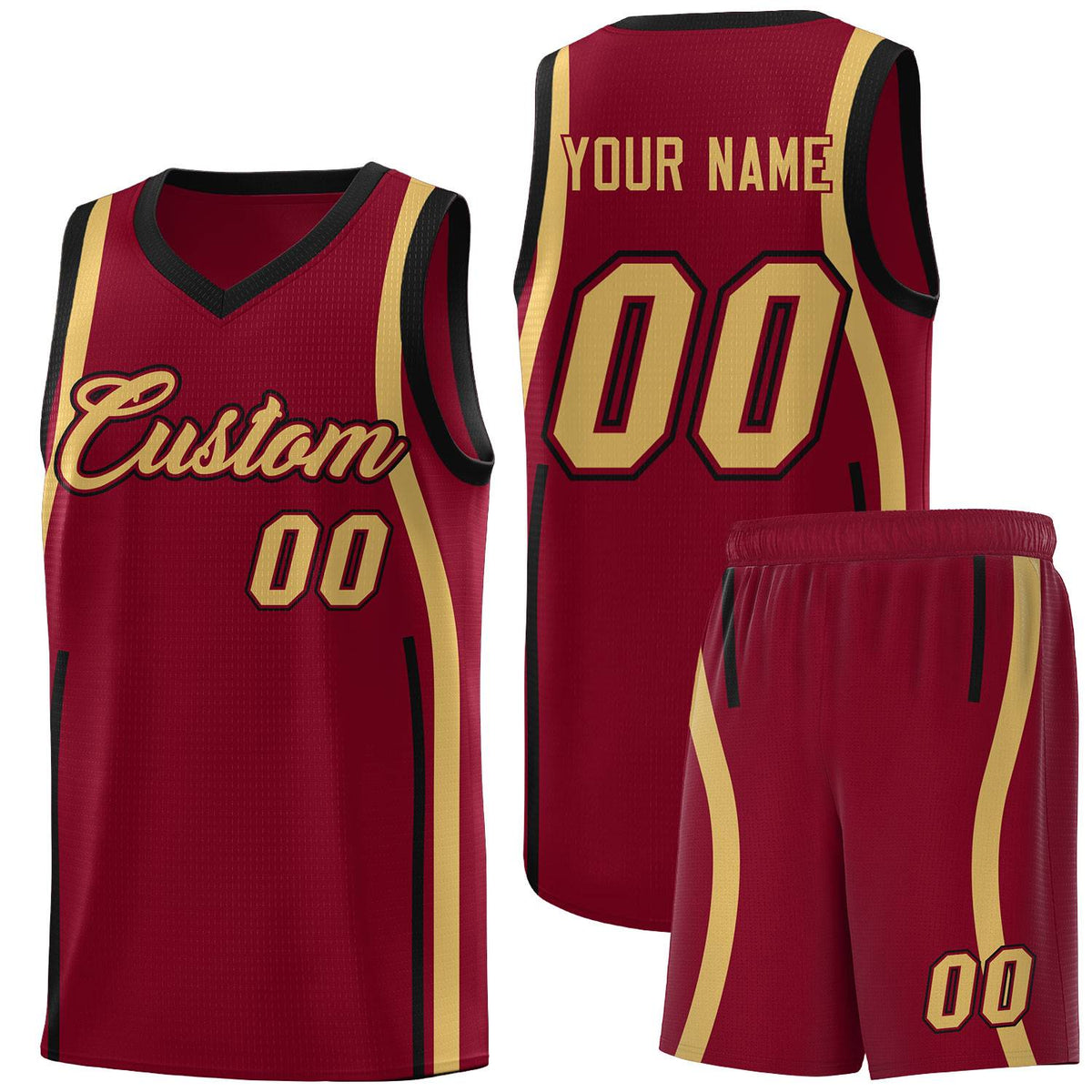 Custom Crimson Old Gold-Black Ribbon Pattern Basketball Kits