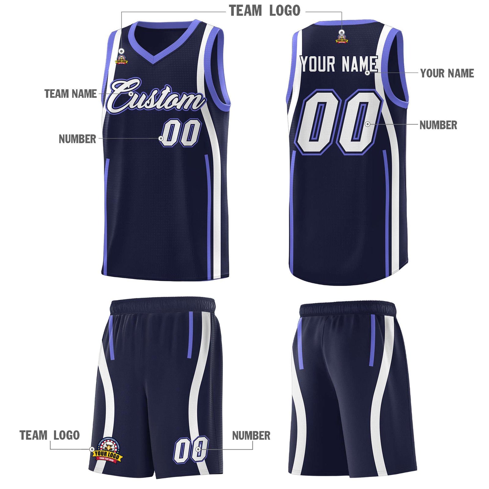 Custom Navy Purple-White Ribbon Pattern Basketball Kits