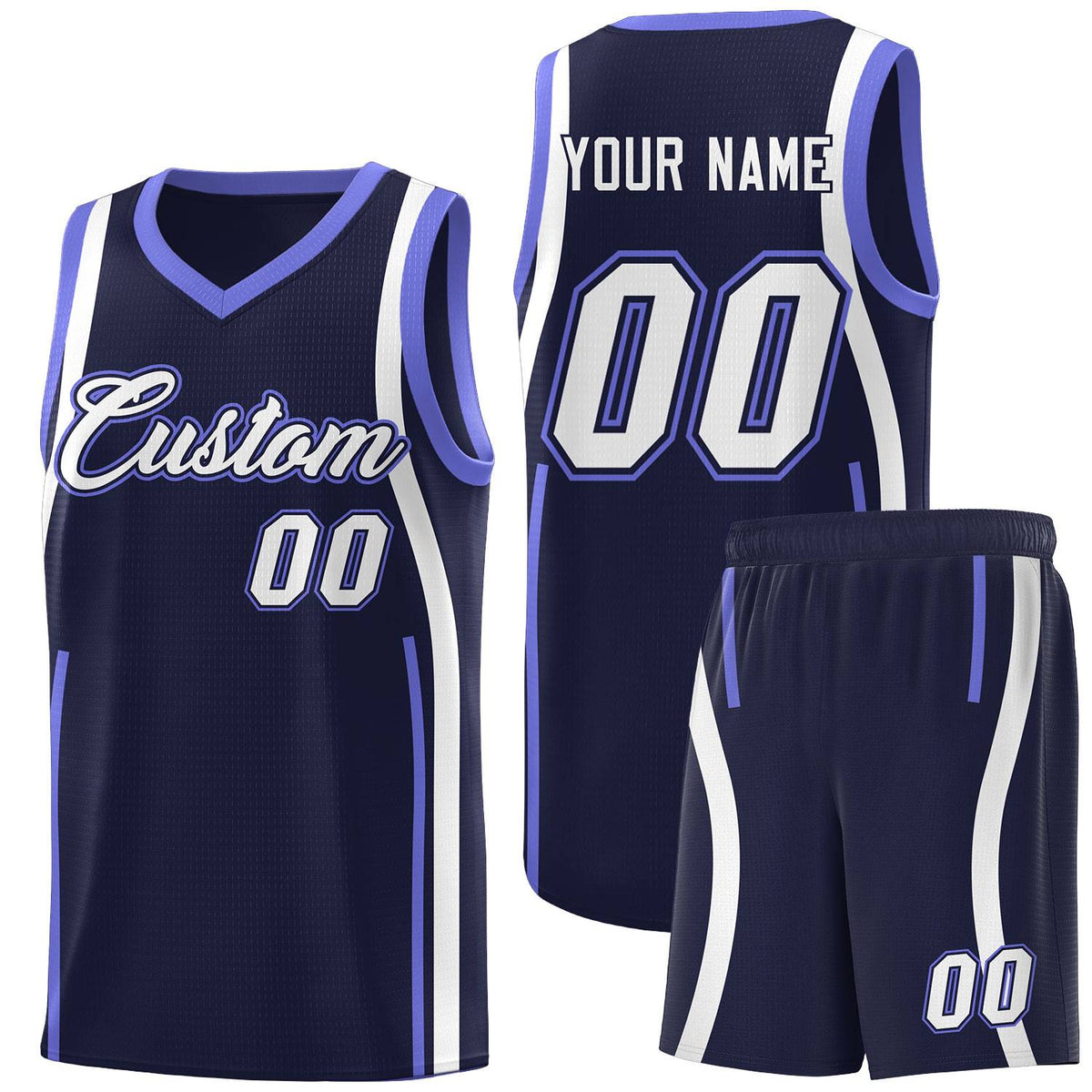 Custom Navy Purple-White Ribbon Pattern Basketball Kits