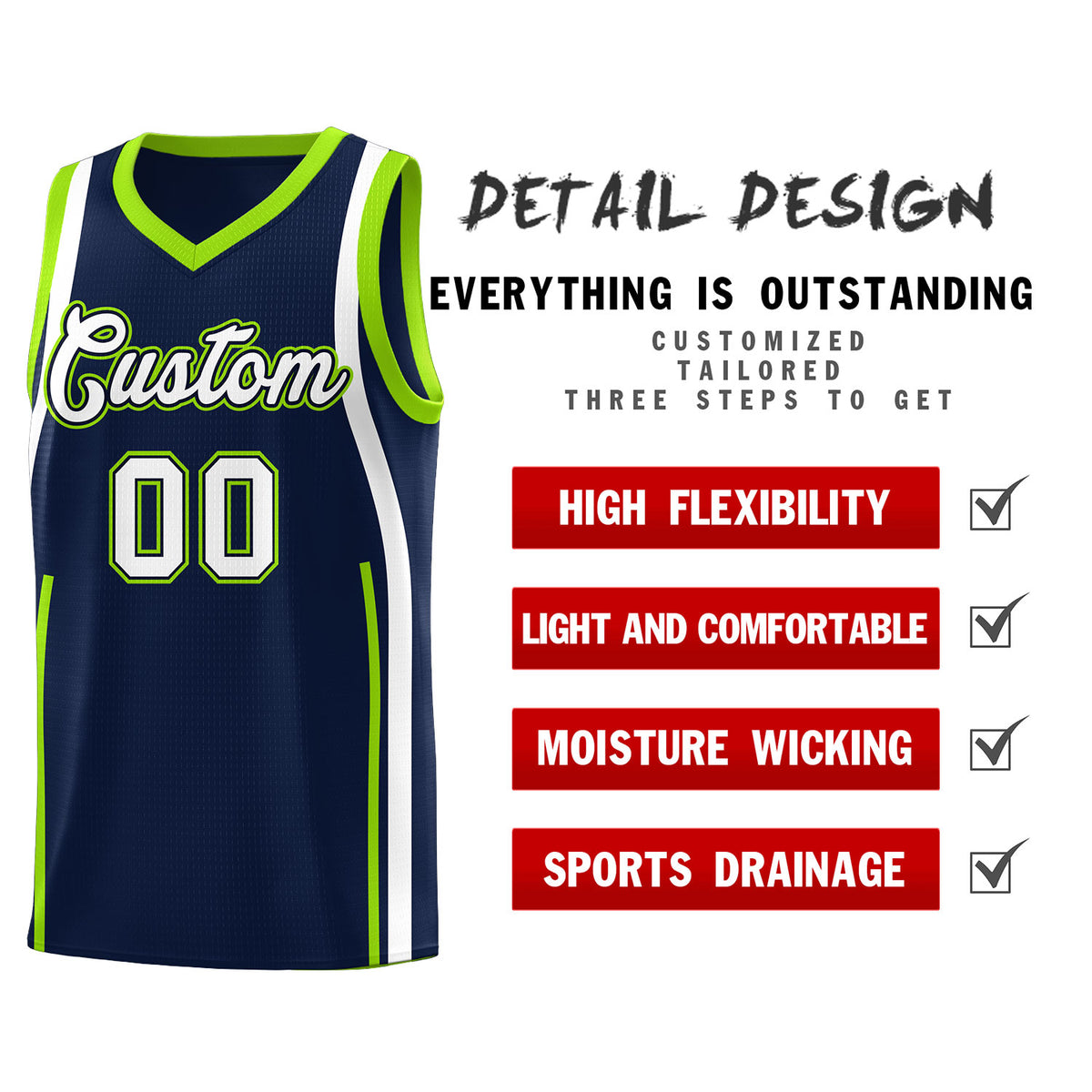 Custom Navy White AND Fluorescent Green Basketball Jersey