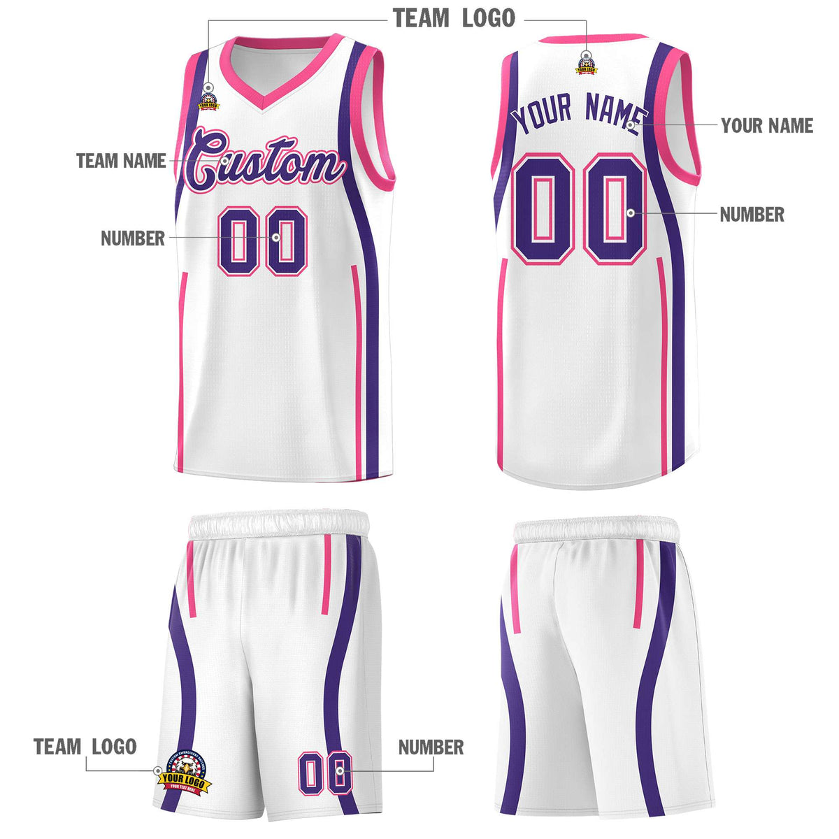 Custom White Pink AND Purple Basketball Jersey