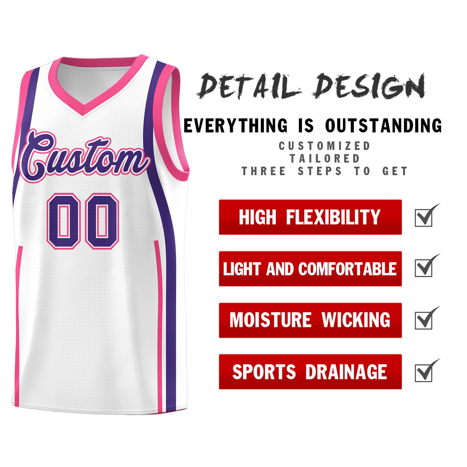 Custom White Pink AND Purple Basketball Jersey
