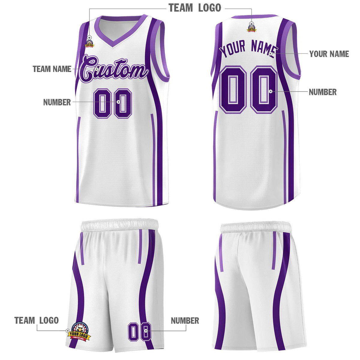 Custom White Purple AND Light Purple Basketball Jersey