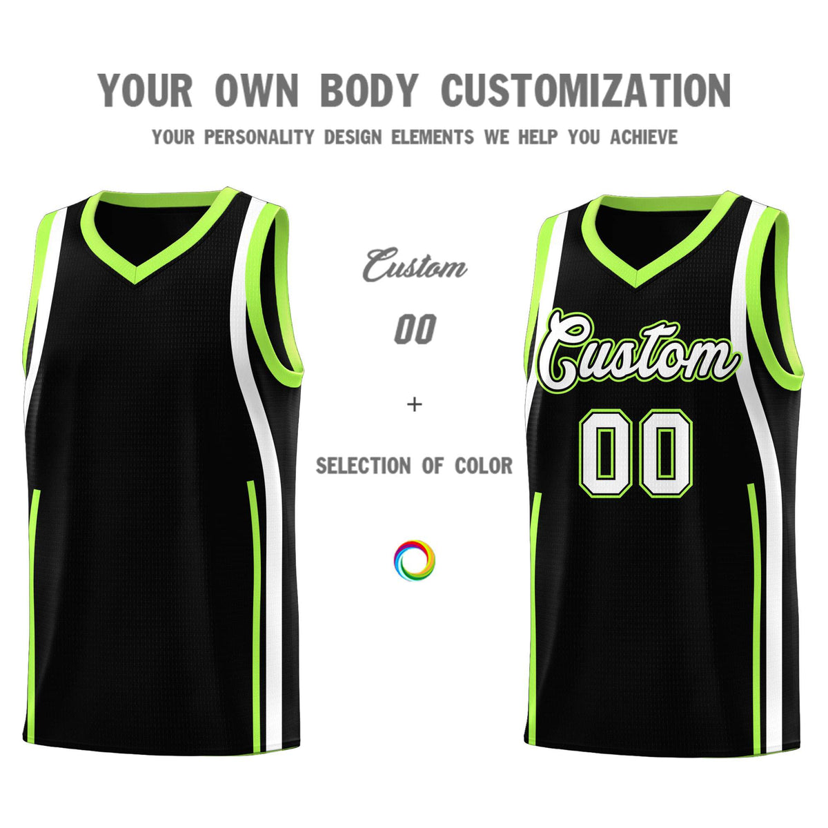Custom Black Fluorescent Green AND White Basketball Jersey