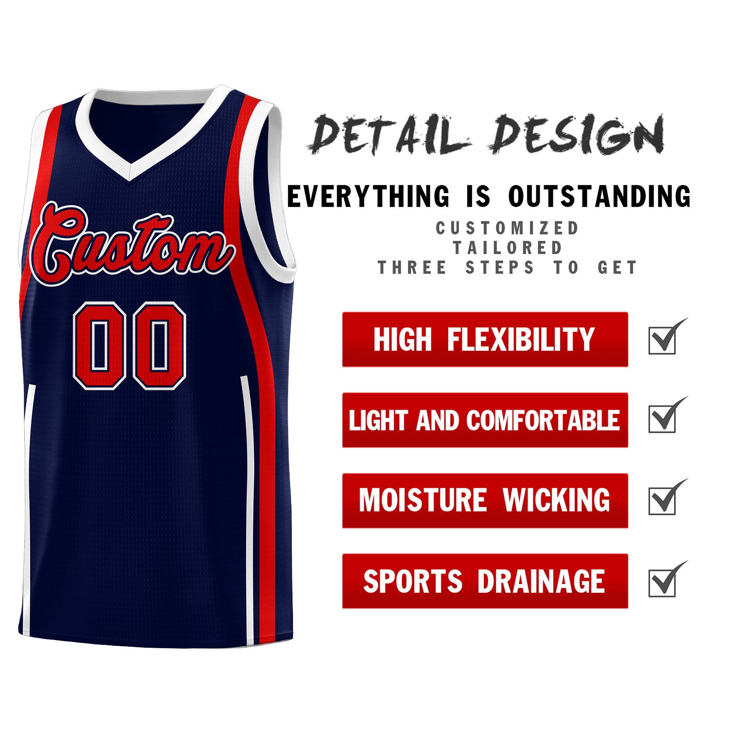 Custom Navy Red AND White Basketball Jersey