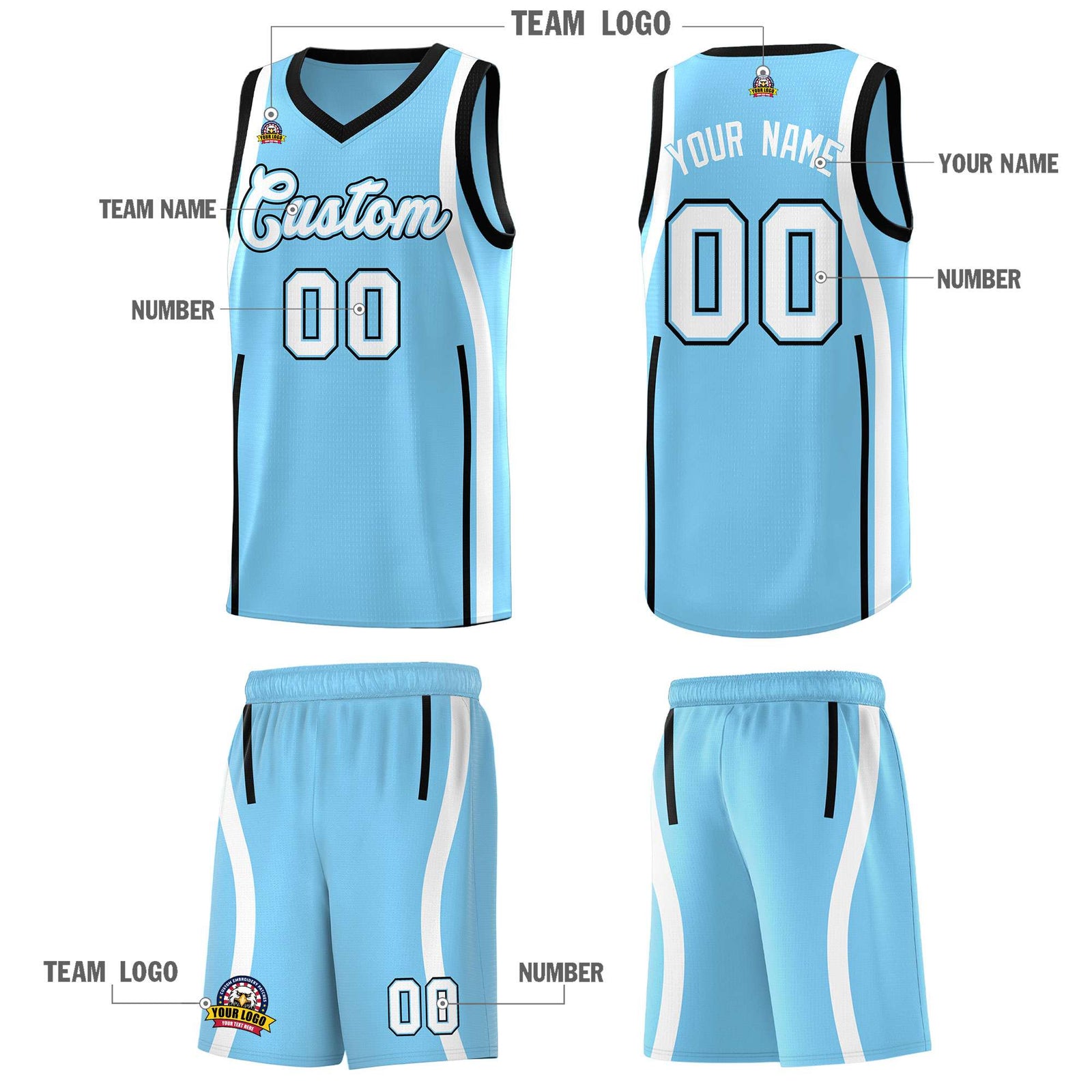 Custom Light Blue Black AND White Basketball Jersey