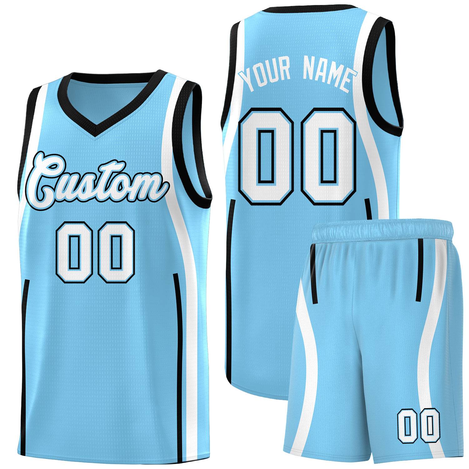 Custom Light Blue Black AND White Basketball Jersey