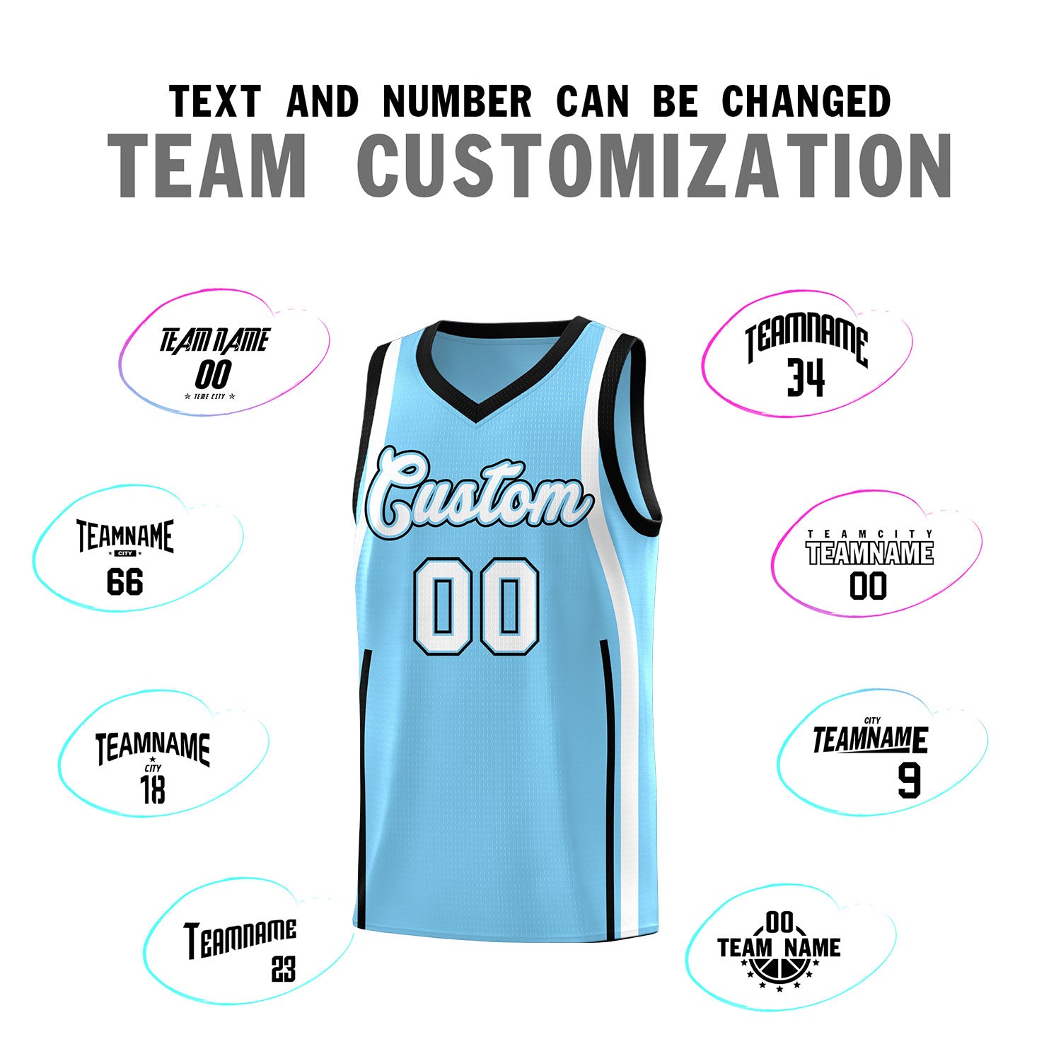 Custom Light Blue Black AND White Basketball Jersey