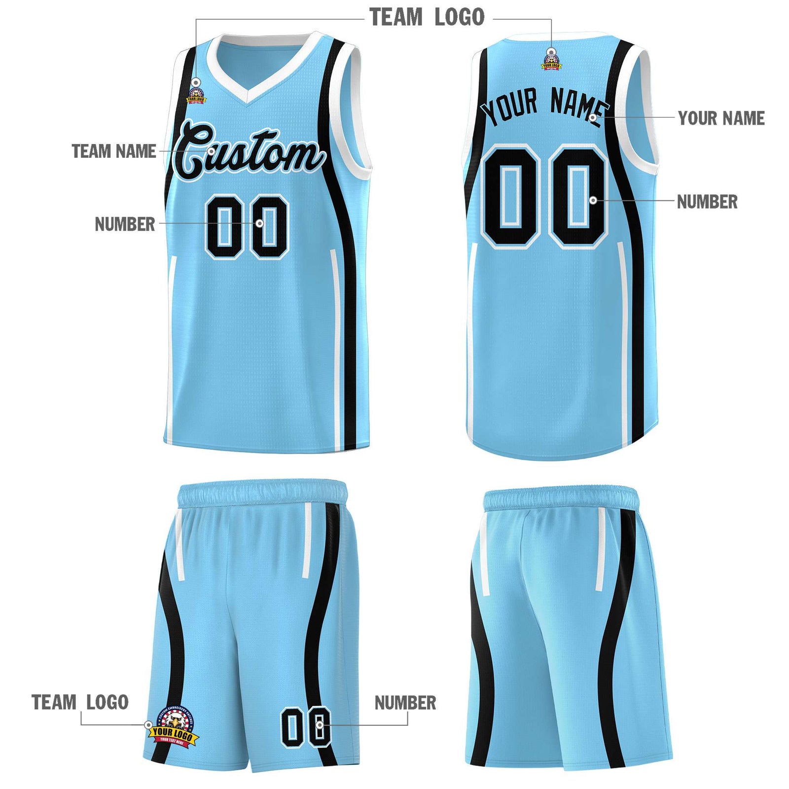 Custom Light Blue Black AND White Basketball Jersey