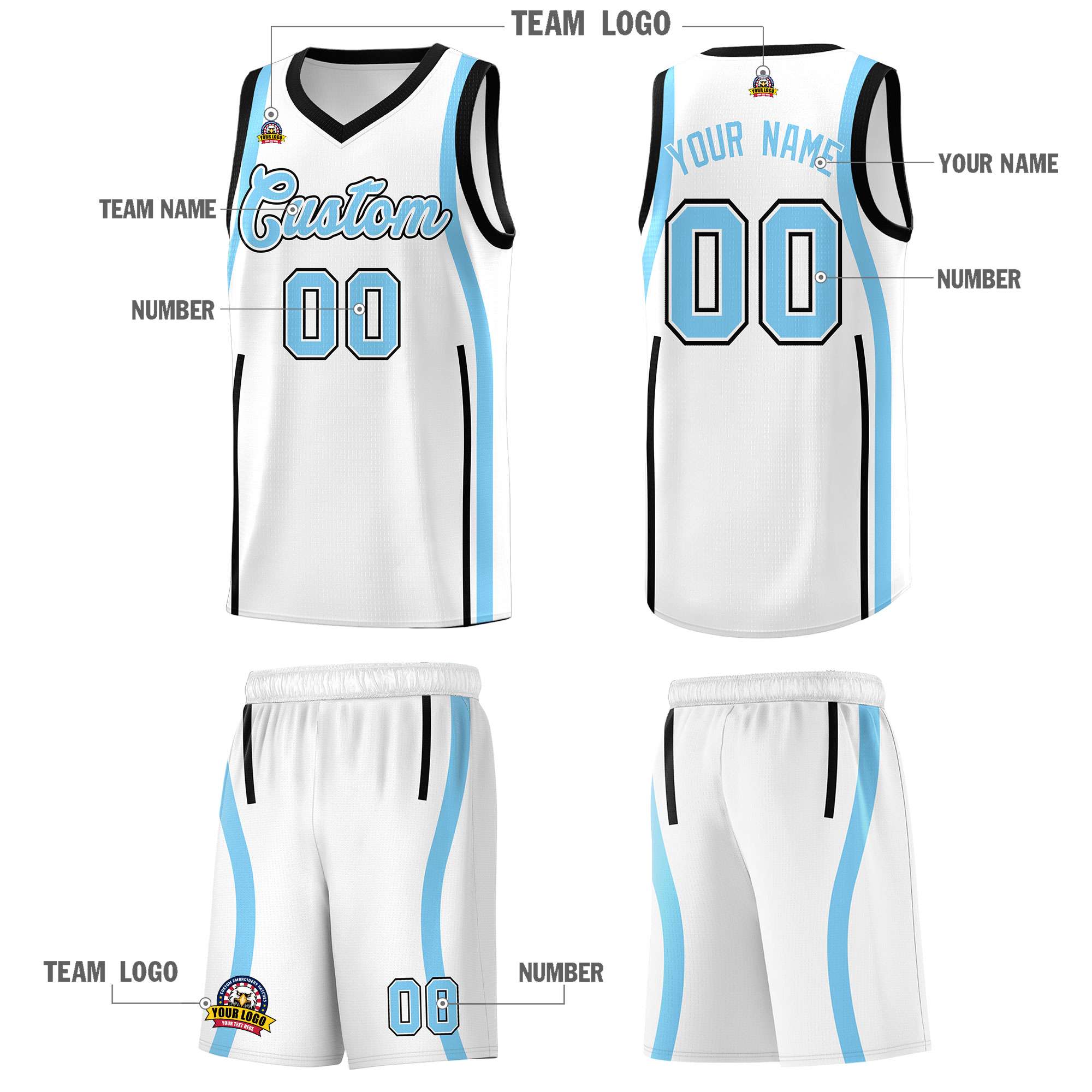 Custom White Light Blue AND Black Basketball Jersey