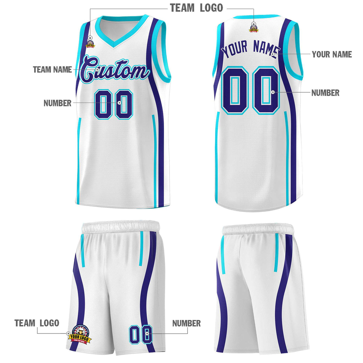 Custom White Sky Blue AND Royal Basketball Jersey