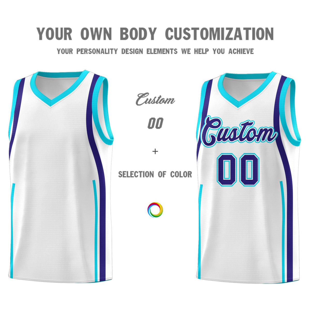 Custom White Sky Blue AND Royal Basketball Jersey