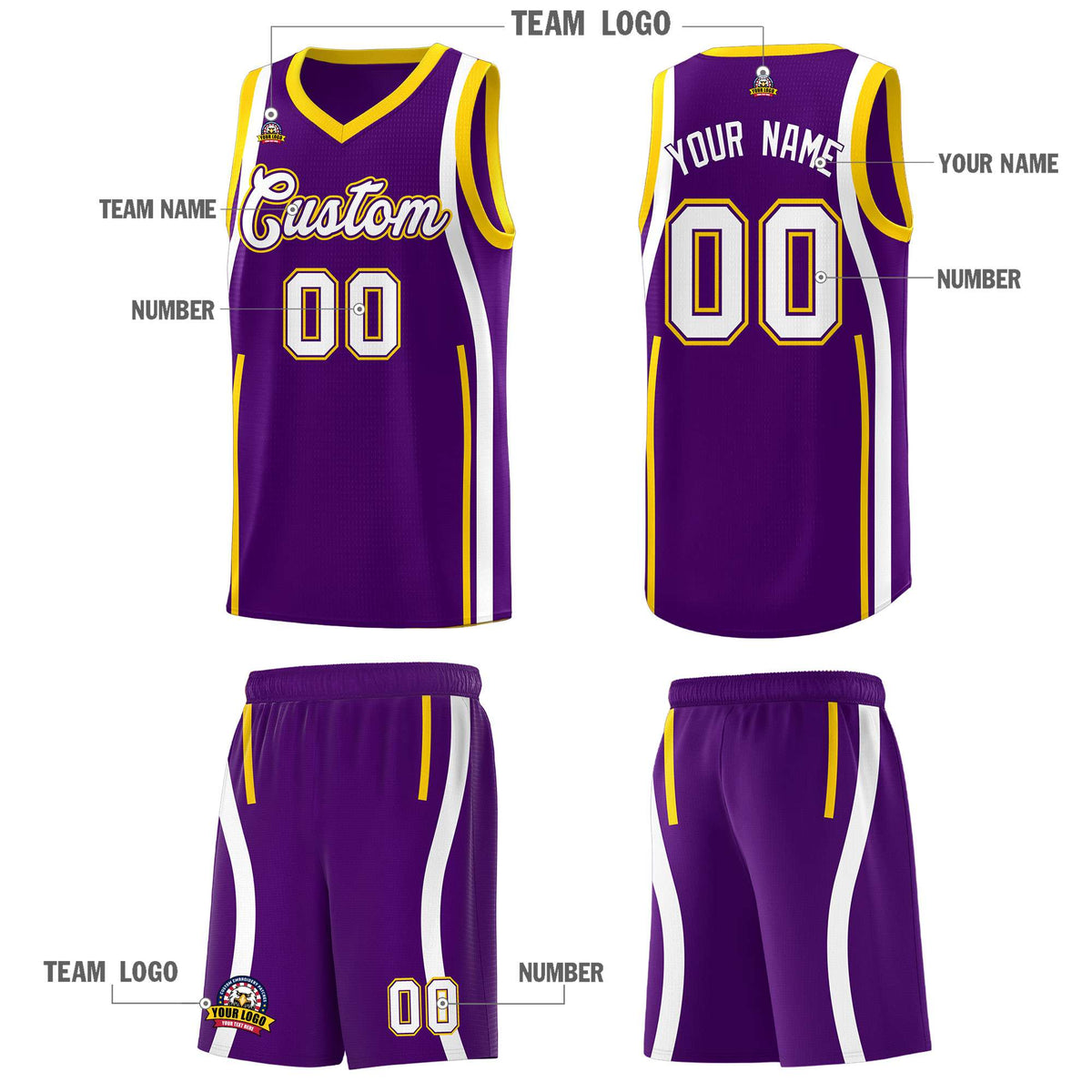 Custom Purple White AND Gold Basketball Jersey