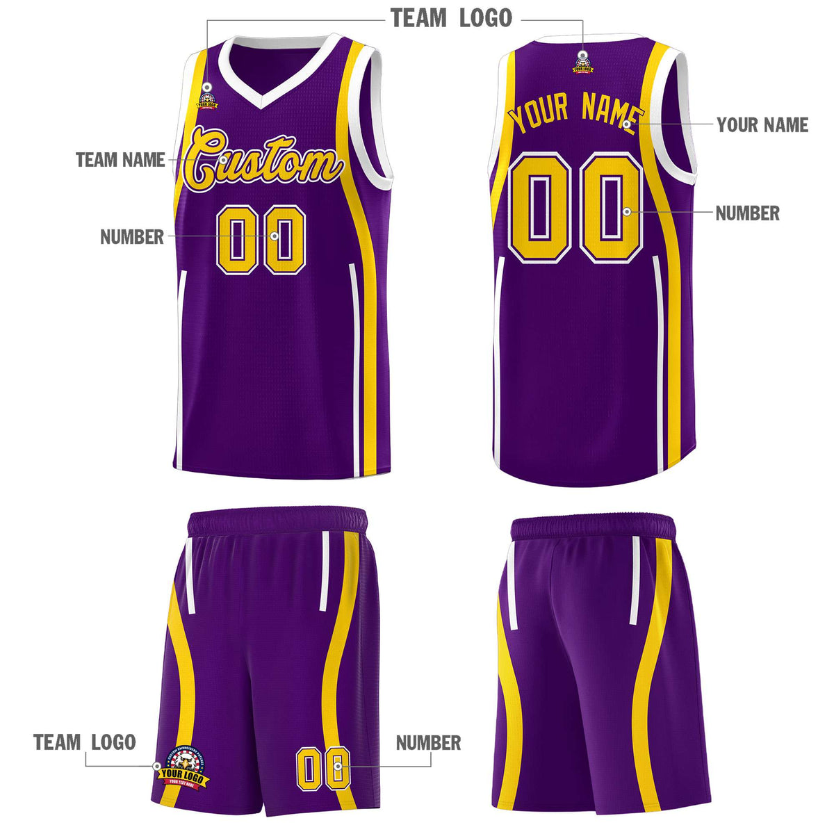 Custom Purple White AND Gold Basketball Jersey