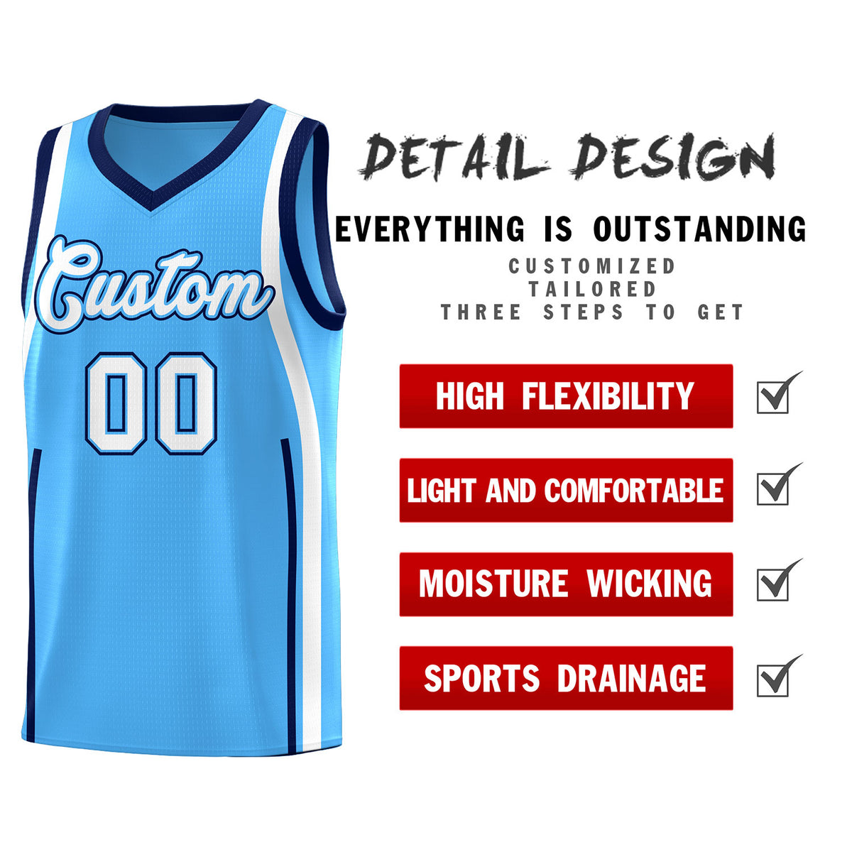 Custom Powder Blue Navy AND White Basketball Jersey