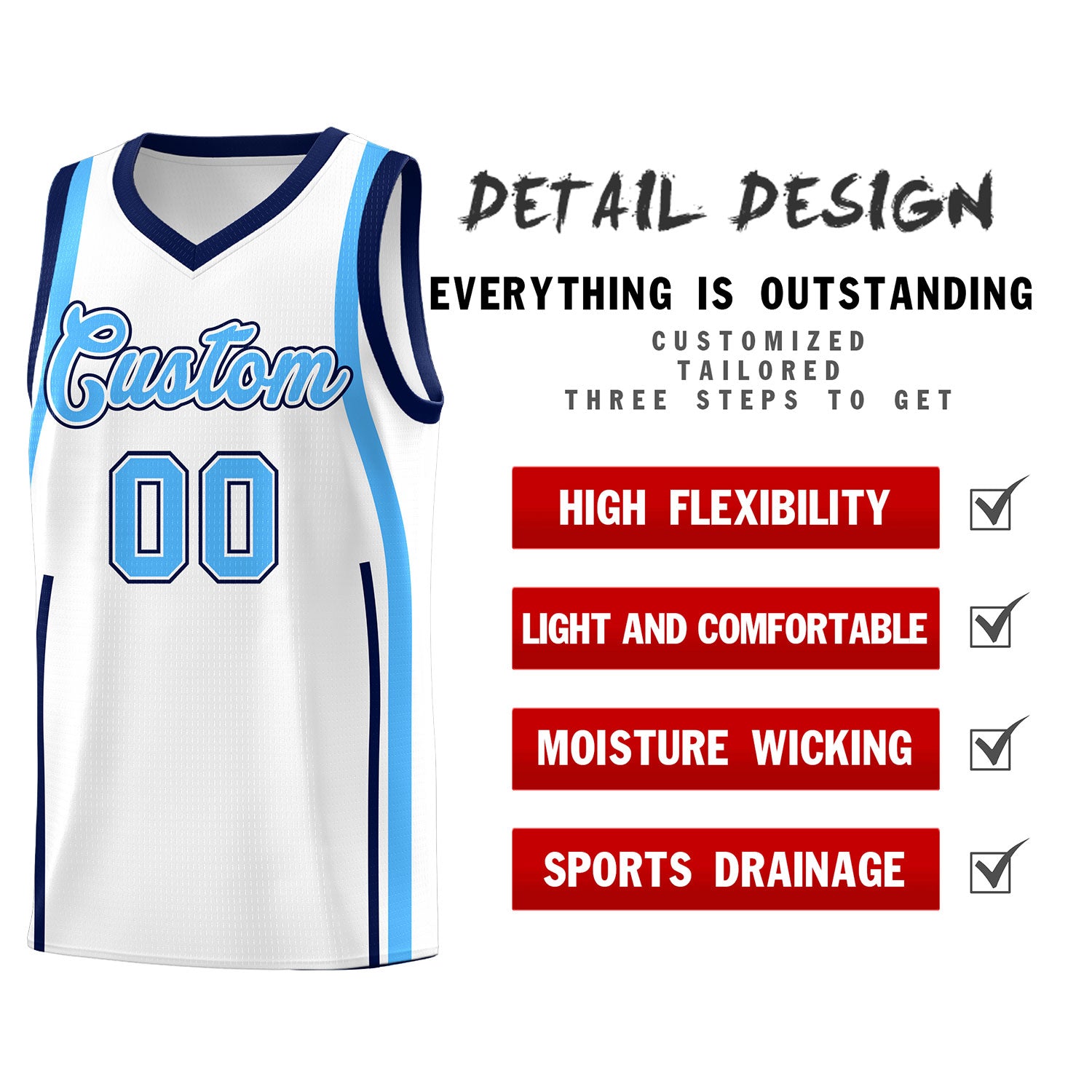 Custom White Powder Blue AND Navy Basketball Jersey