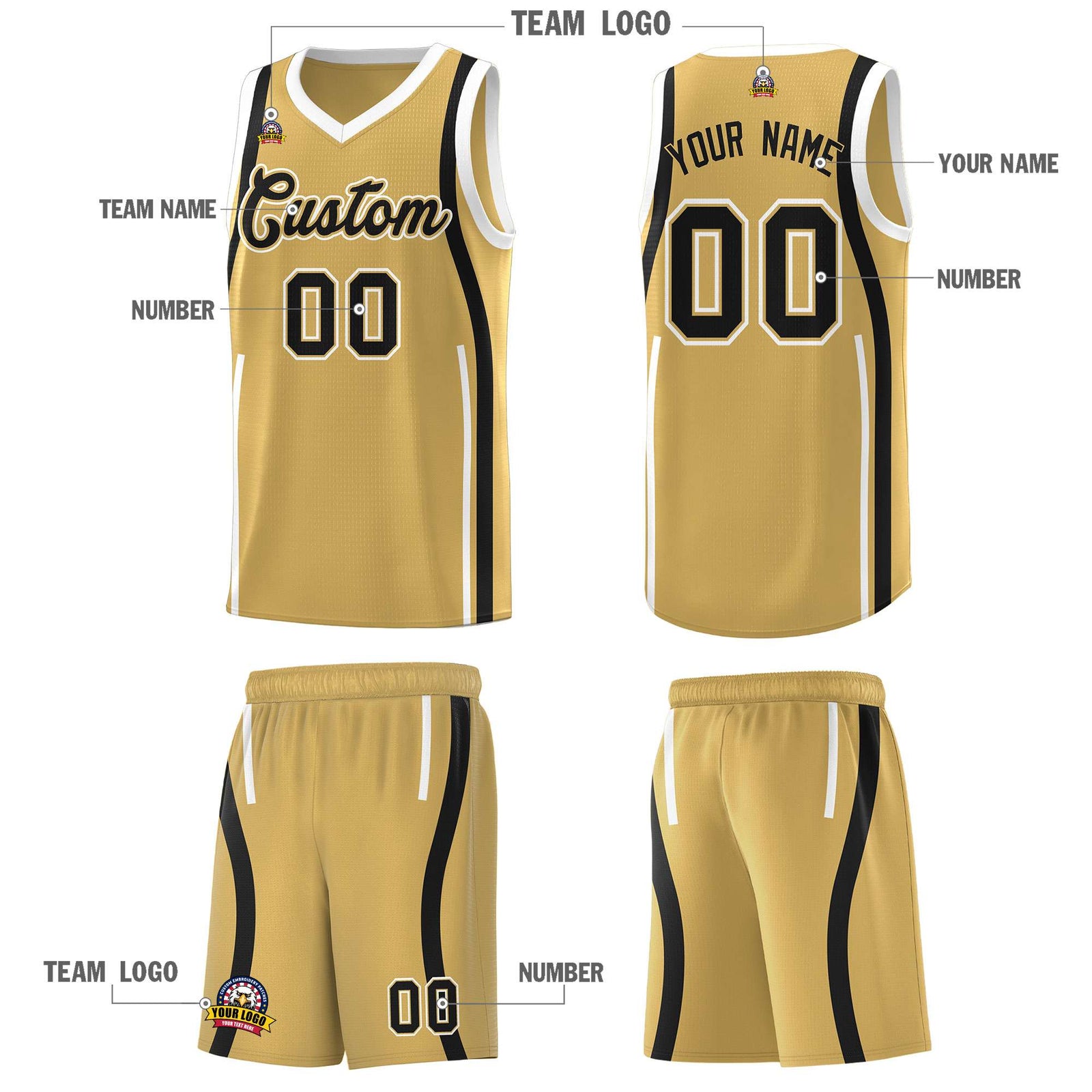 Custom Old Gold Black AND White Basketball Jersey