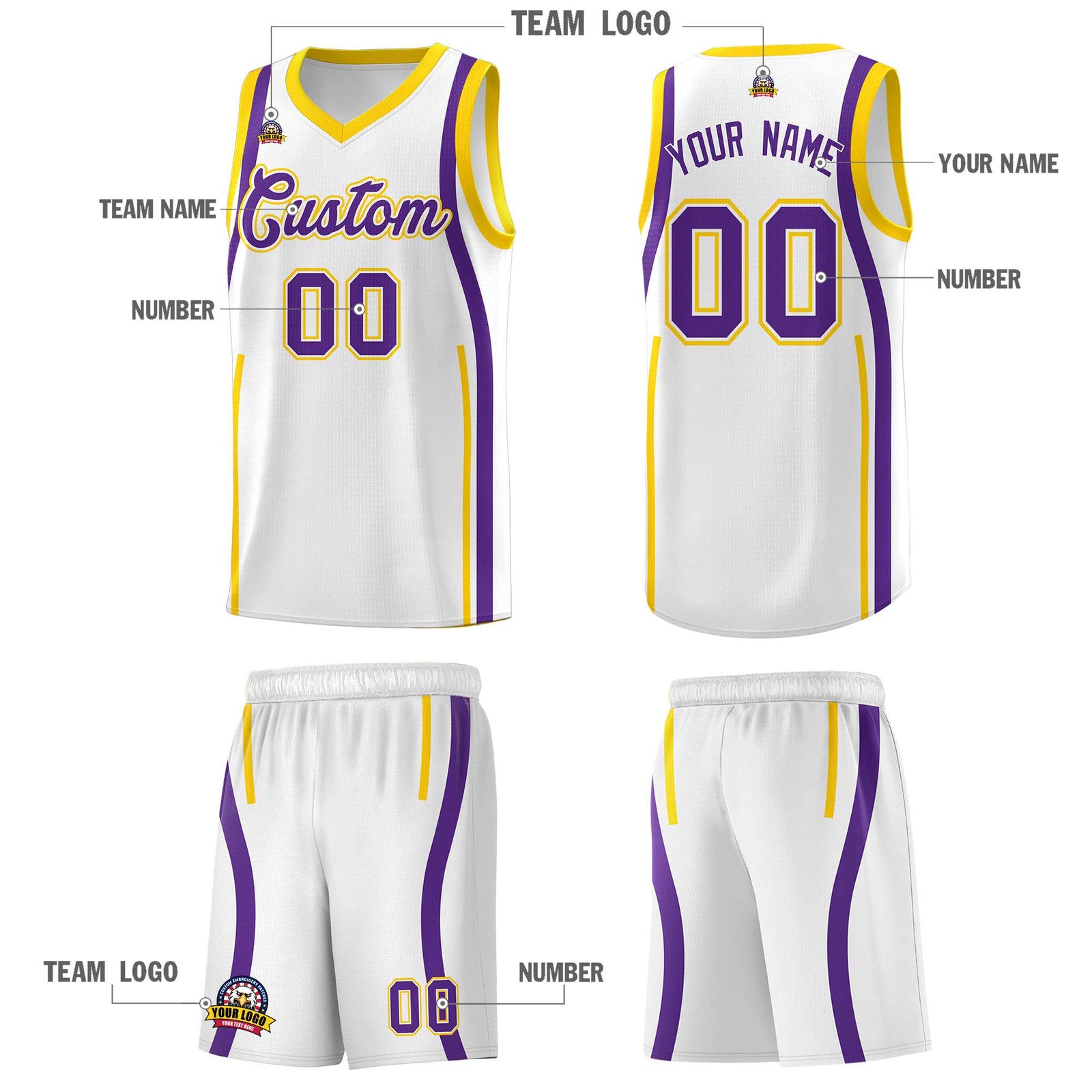 Custom White Gold AND Purple Basketball Jersey