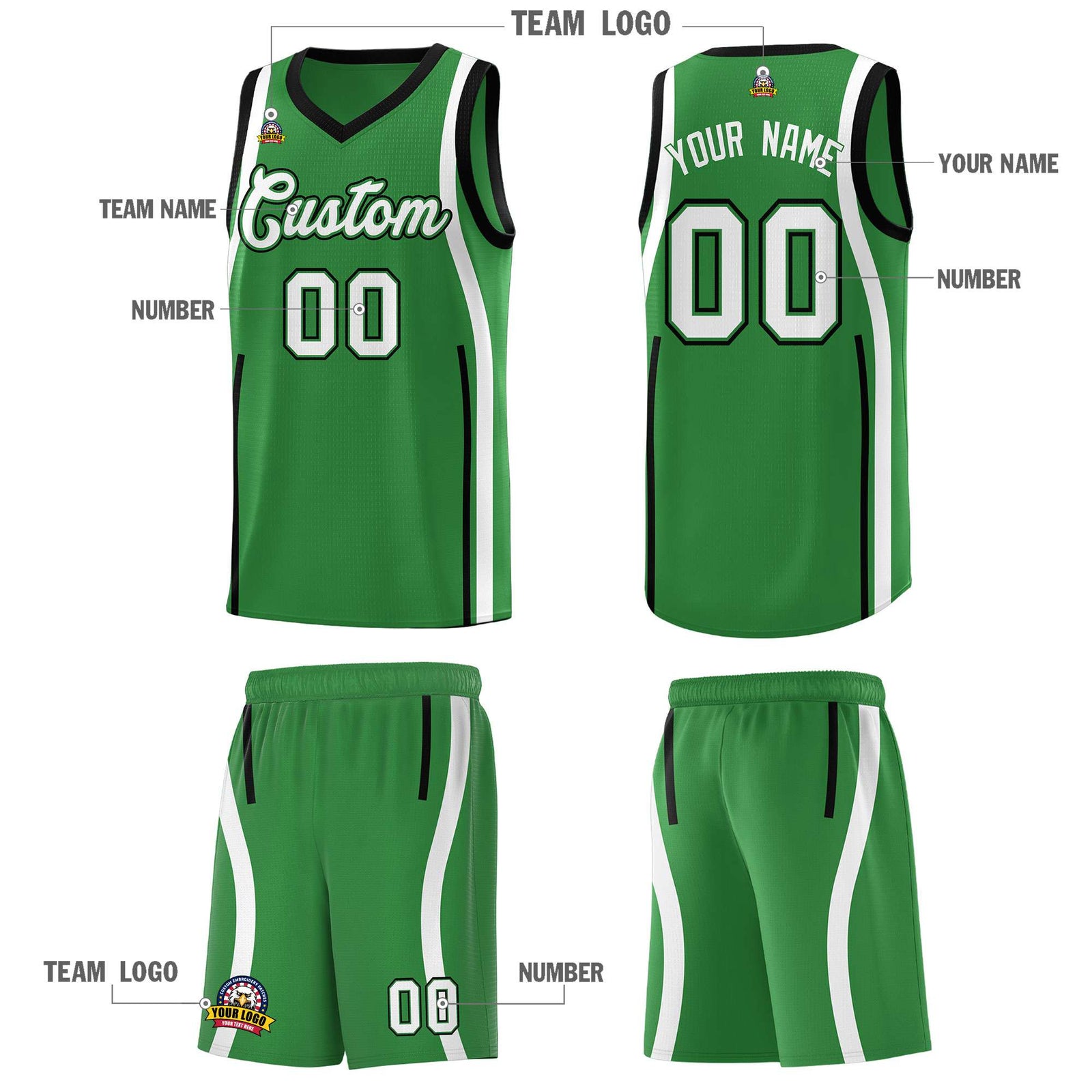 Custom Kelly Green Black AND White Basketball Jersey
