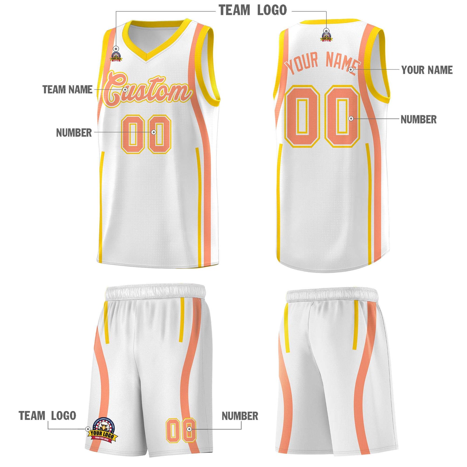 Custom White Light Orange AND Gold Basketball Jersey