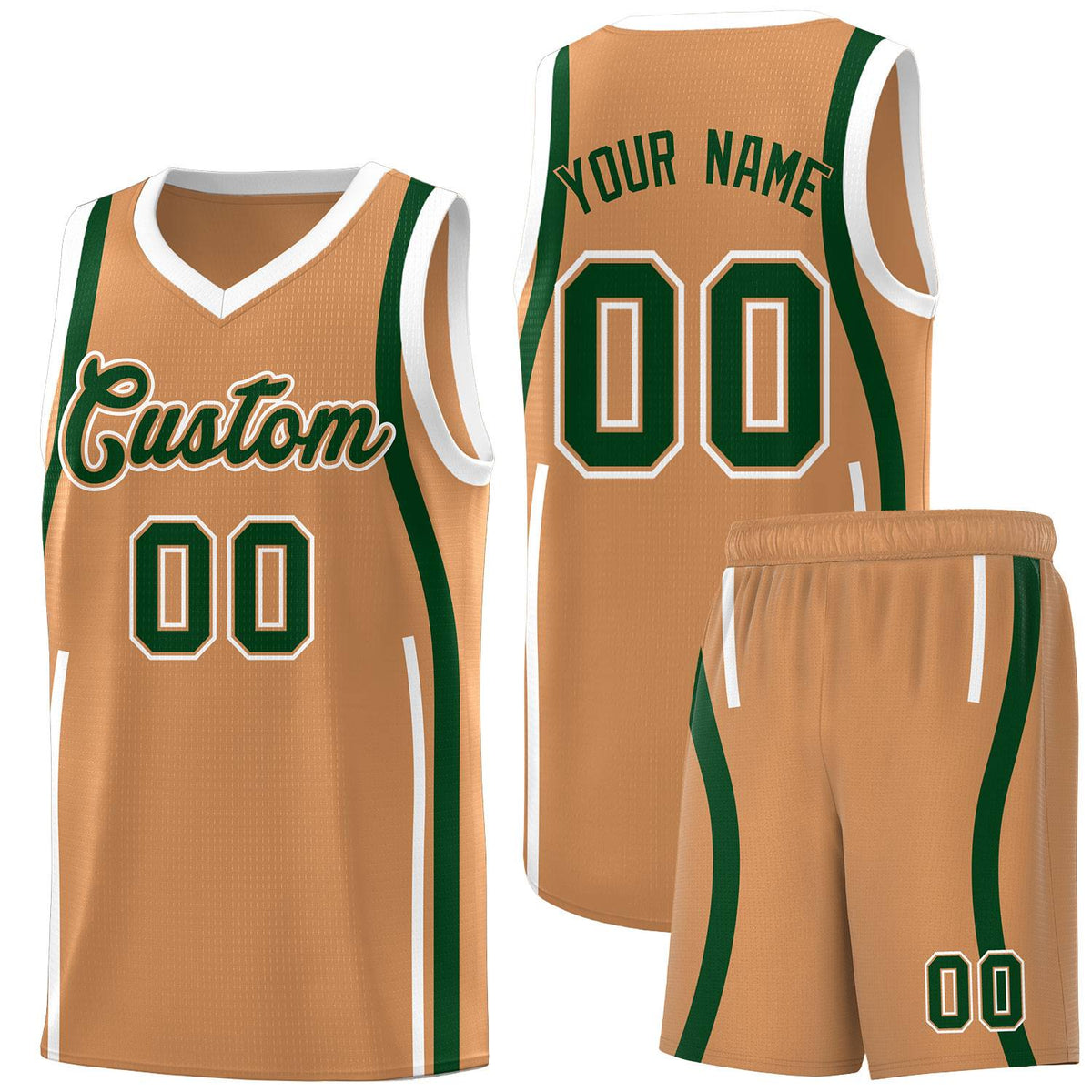 Custom Buckskin Brown Green AND White Basketball Jersey