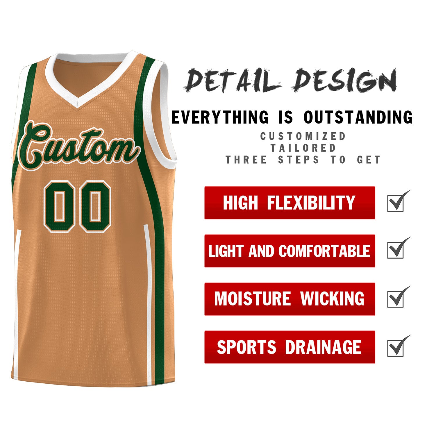 Custom Buckskin Brown Green AND White Basketball Jersey