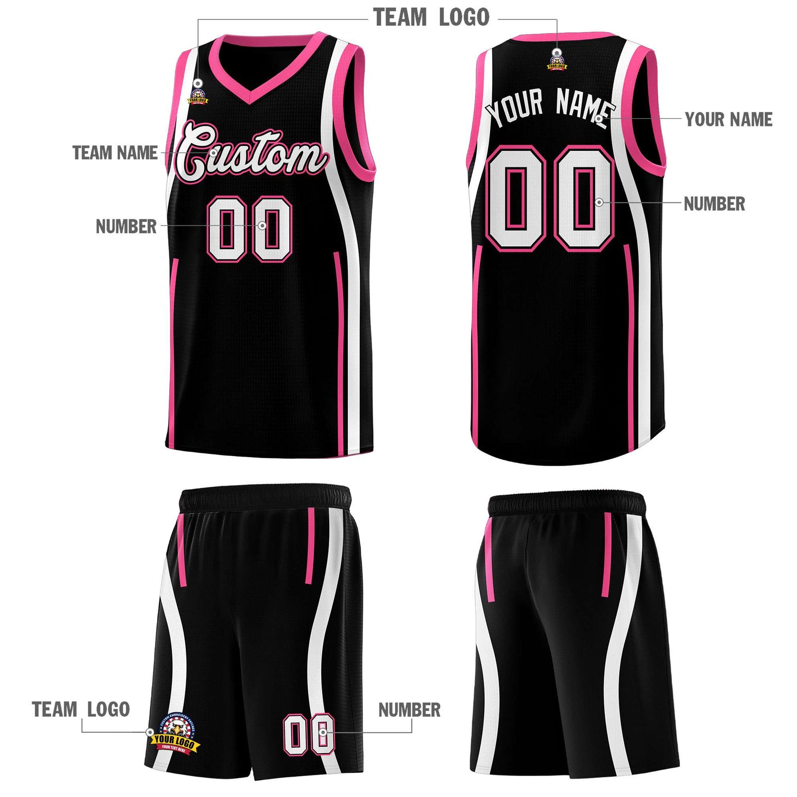 Custom Black Pink AND White Basketball Jersey